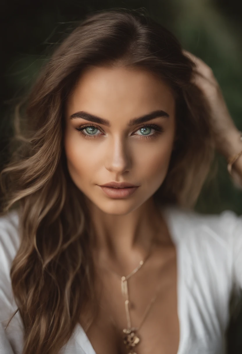 Arafed woman with a white tank top and necklace, fille sexy aux yeux verts, Portrait Sophie Mudd, cheveux bruns et grands yeux, selfie of a young woman, Yeux de chambre, Violet Myers, sans maquillage, maquillage naturel, looking straight at camera, Visage avec Artgram, Maquillage subtil, stunning closeupheadshot, piercing green eyes