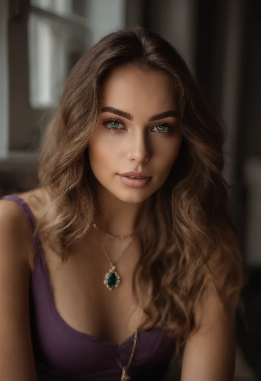 Arafed woman with a white tank top and necklace, fille sexy aux yeux verts, Portrait Sophie Mudd, cheveux bruns et grands yeux, selfie of a young woman, Yeux de chambre, Violet Myers, sans maquillage, maquillage naturel, looking straight at camera, Visage avec Artgram, Maquillage subtil, stunning closeupheadshot, piercing green eyes