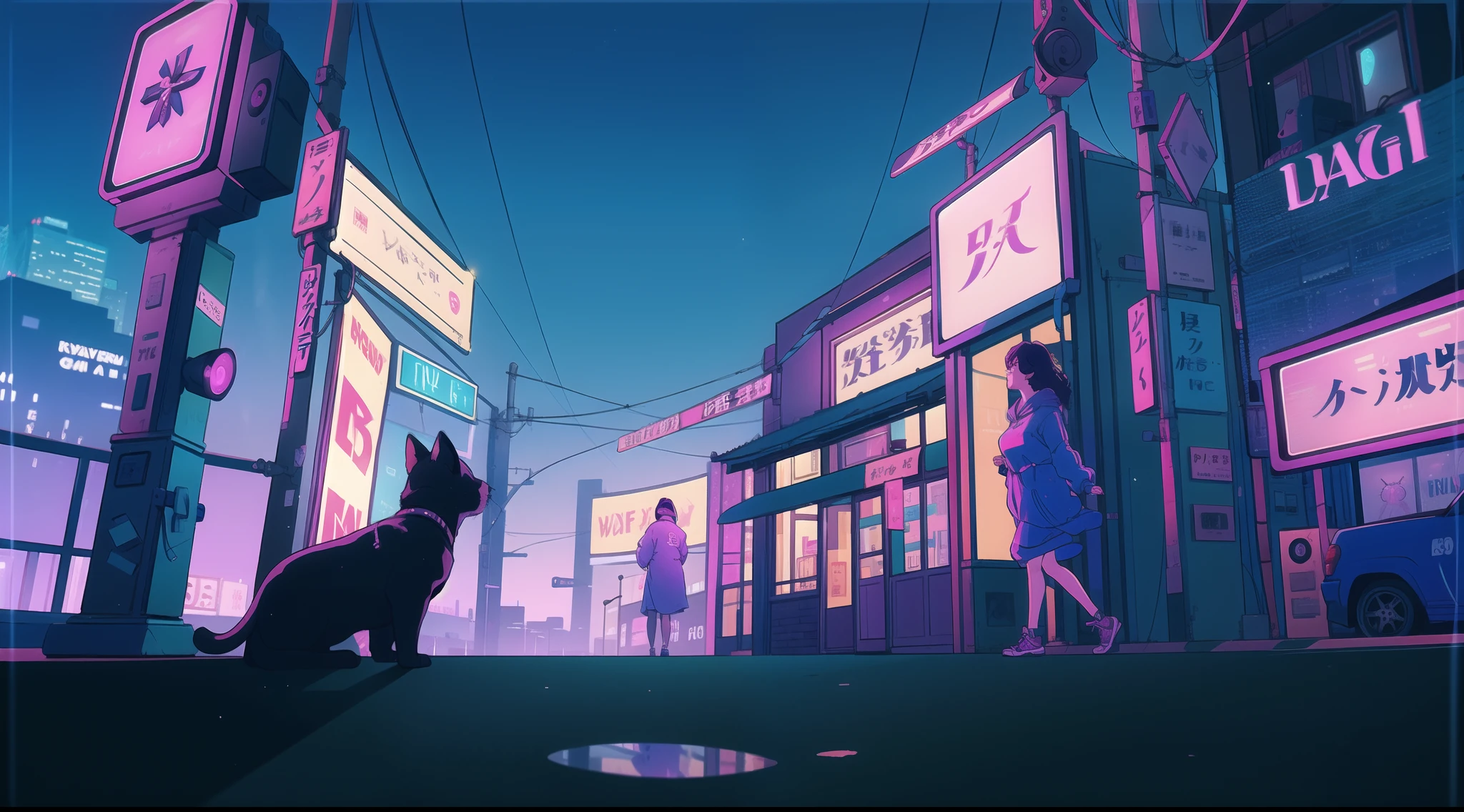 Night city, a girl walking on the streets, she has heaphones, a cat follows her, blue and purple, lofi, 80s, retro, neon lights, high quality