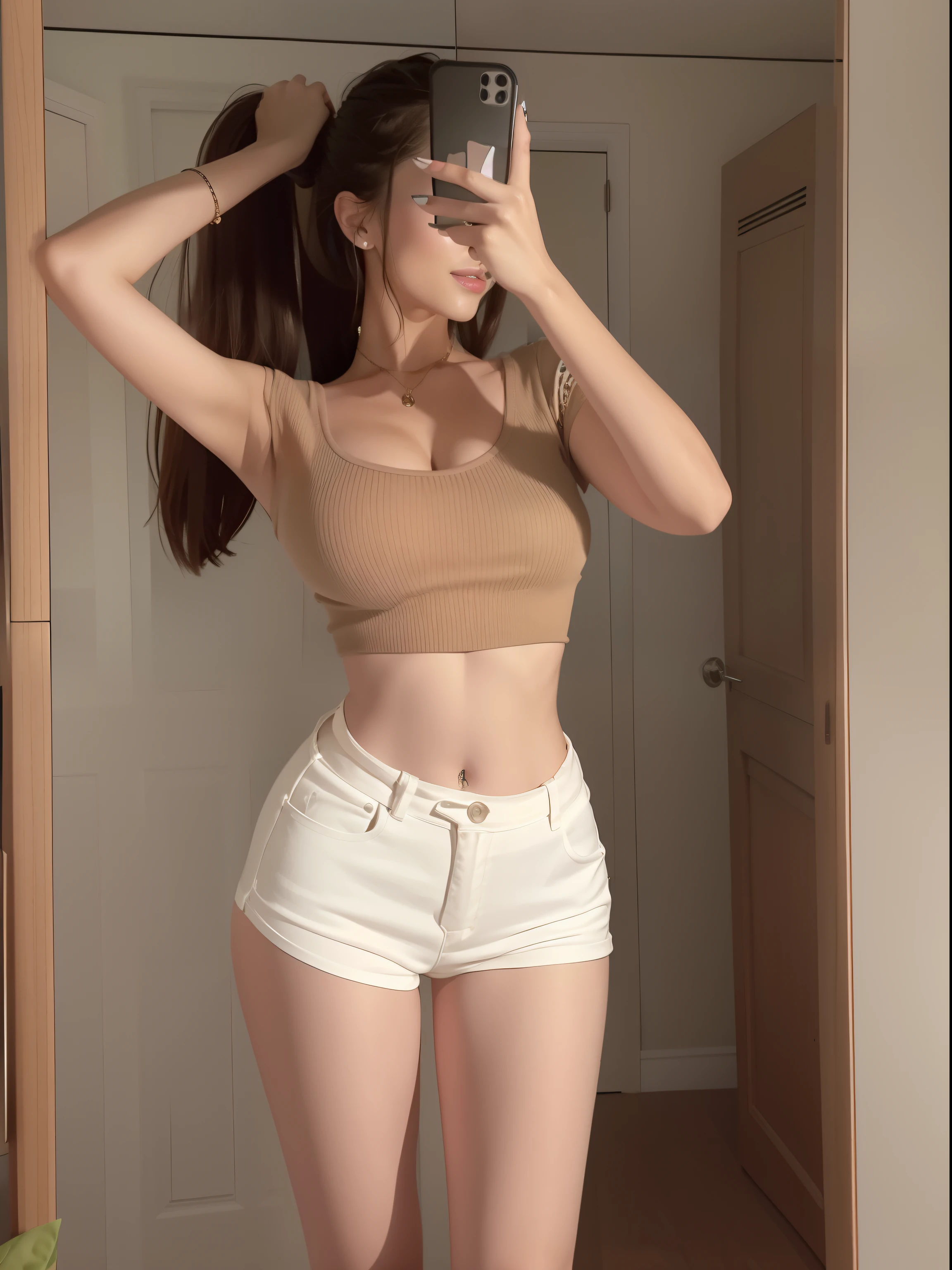 Ruff woman taking a selfie with her phone in the mirror, photo of slim girl, skinny waist and thick hips, wearing tight simple clothes, photo of slim girl model, fit dainty figure, 2 4 year old female model, Thin waist, Her navel was exposed, sexy girl wearing shorts, wearing sexy cropped top, big breasts thin waist