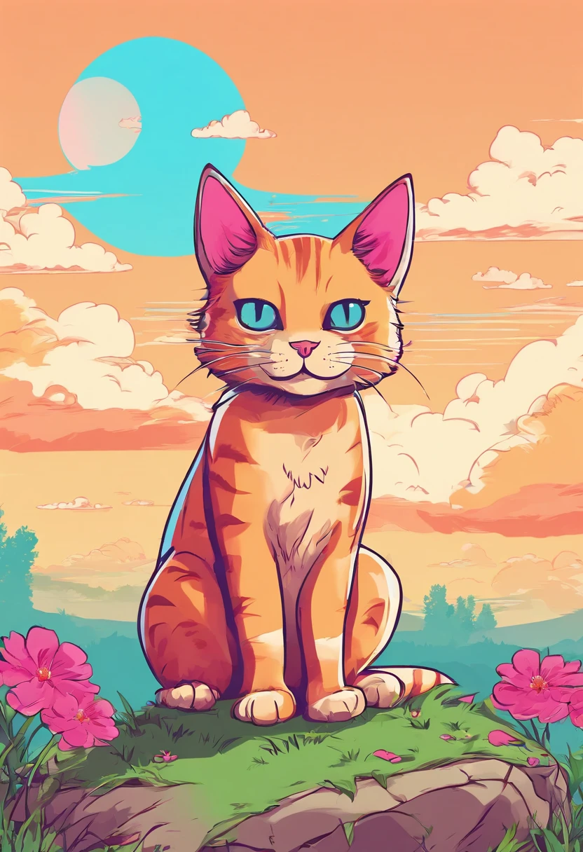 cute cat, sitting on a rock, meadow, clouds, blue sky