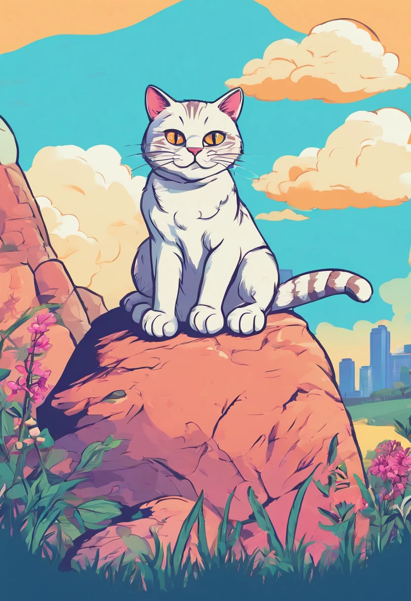 cute cat, sitting on a rock, meadow, clouds, blue sky