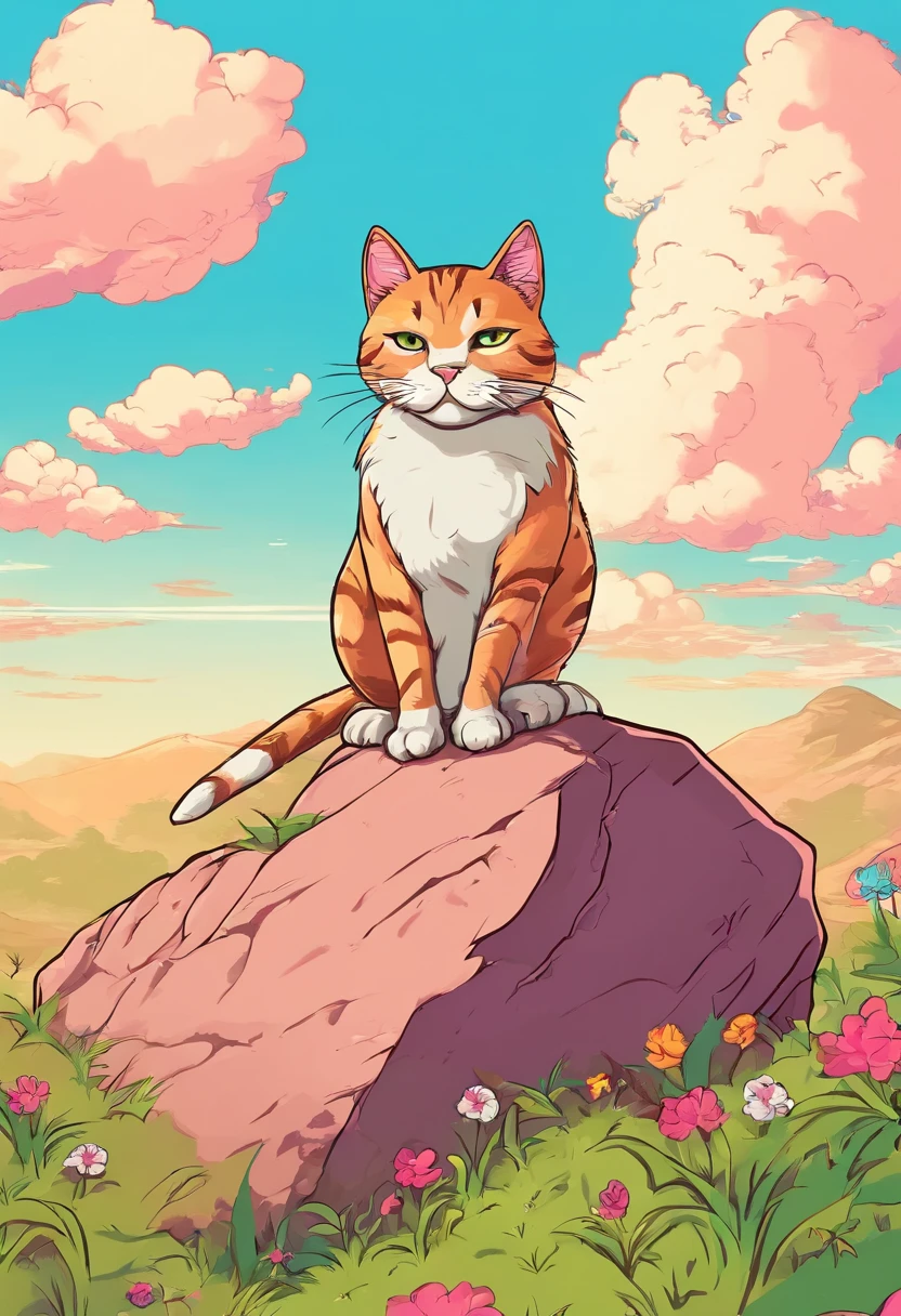 cute cat, sitting on a rock, meadow, clouds, blue sky