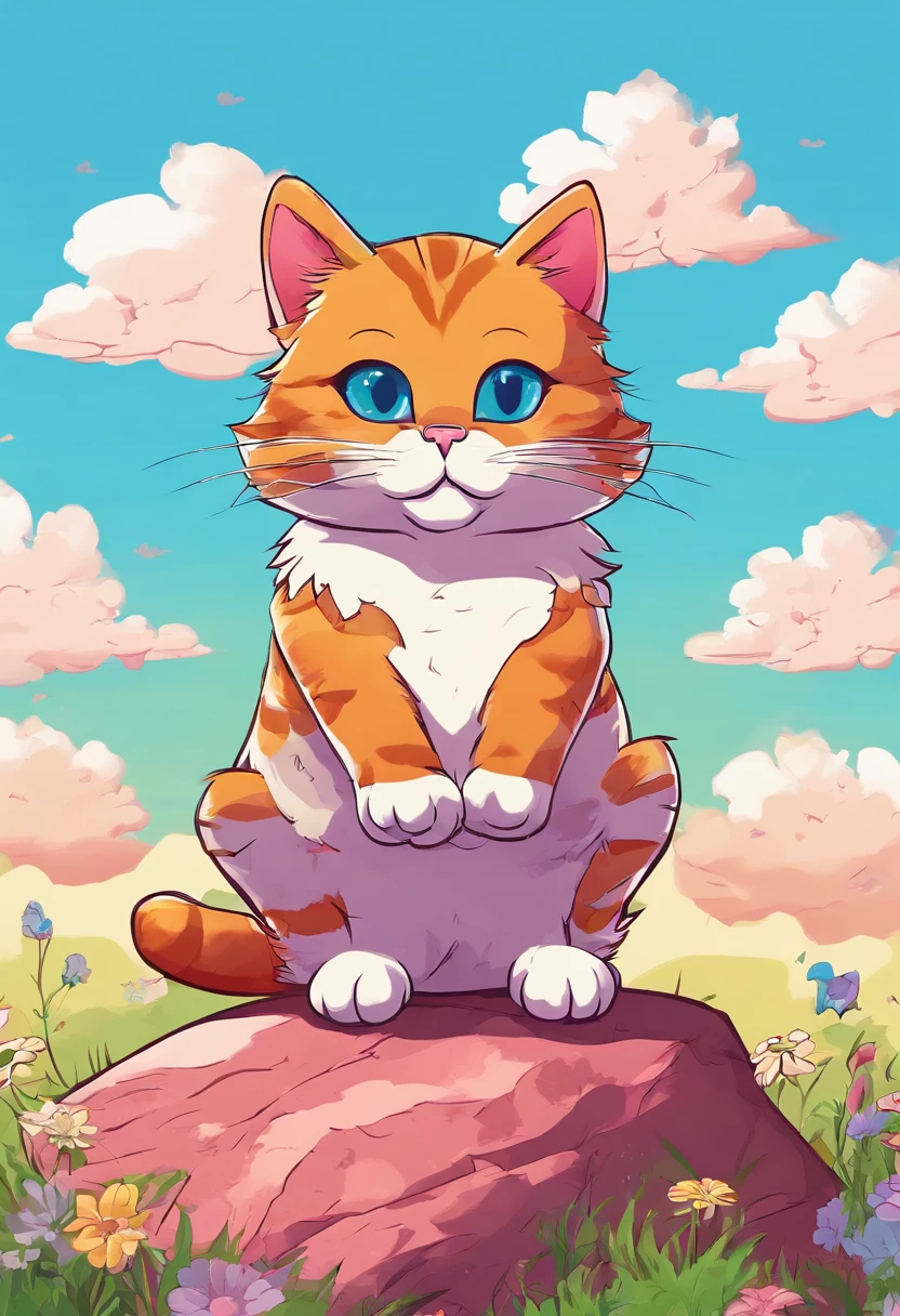 cute cat, sitting on a rock, meadow, clouds, blue sky