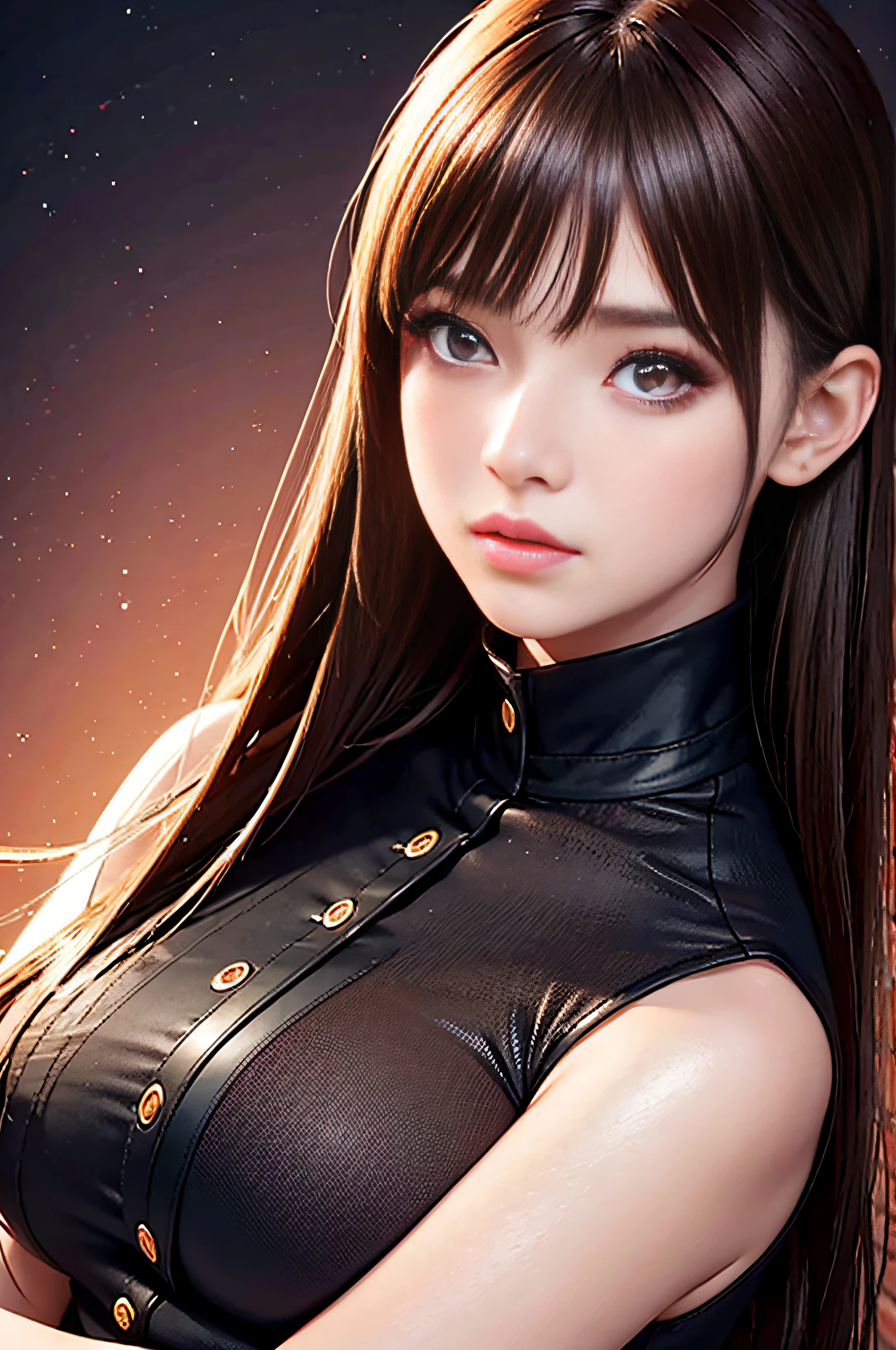 1girl in, star eye, blush, Perfect Illumination, Distinct, Red Eyes, Unreal Engine, side lights, Detailed face, Bangs, bright skin, Simple background, Dark background,