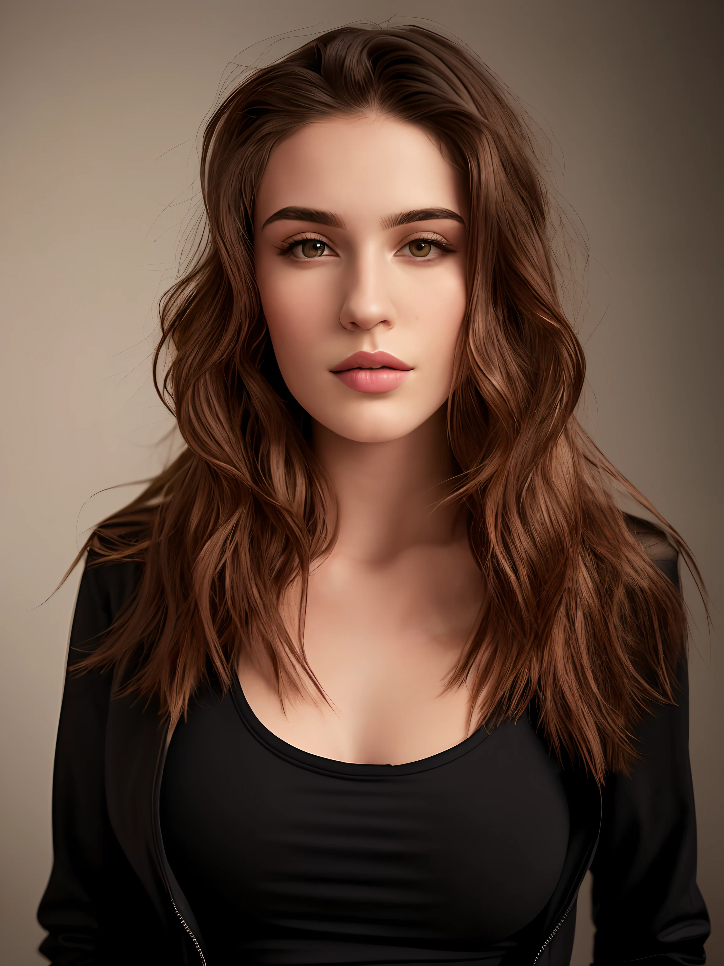 Arafed is a woman with long hair and a black jacket, portrait sophie mudd, 2 4 year old female model, Girl with brown hair, no makeup, Wavy Hair, gorgeous young model, young beautiful woman, very beautiful young woman, Portrait of a beautiful model, Kylie Mandel, wavy shoulder-length hair, viktoria gavrilenko, closed clothing