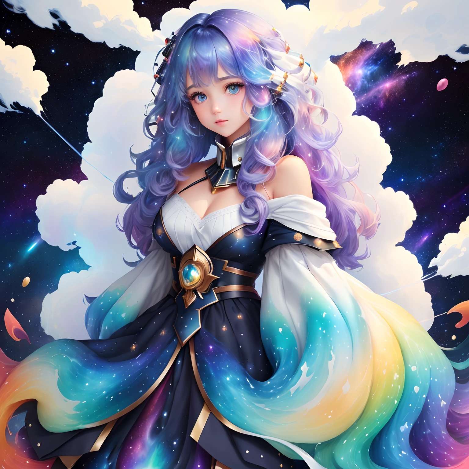 ((​masterpiece)), (((top-quality))), ((ultra-detailliert)), ((illustratio)),[Realism Light Effect],shadowy,(fantasy-style),(White background:1.6), simple background, (Earth theme),(cloaks)[(Hair Focus,((1girl in)),middlebreasts],[(Big slime hair): (Cloud Hair):0.3], (Background Hair),(a high chroma),(Hair surrounded by galactic splashes),)):((Her hair is becoming a galactic cloud,:1.27628), (Hair and clothes are galactic clouds and star clusters:1.1025),(Cloak is becoming a galactic cloud)(Colorful_Galaxy_print_cluster_In the_Stars_print:1.35),((Detailed starry sky with colorful galaxies and galactic clouds):1.2)):0.35], (((​masterpiece))),(((top-quality))),((ultra-detailliert)),(illustratio),(dynamic ungle),((float)),(paint),((dishevled hair)),((Beautiful Detail Face)),collars,bare shoulders​, ((colourful hair)),((striated hair)),beatiful detailed eyes,(Gradient color eyes),((Colorful eyes))),(((colorful backdrop))),(saturated))),(((Surrounded by)colorful water splash)))、((Surrounded by colorful dots)))、colorful bubble、((Shines))、