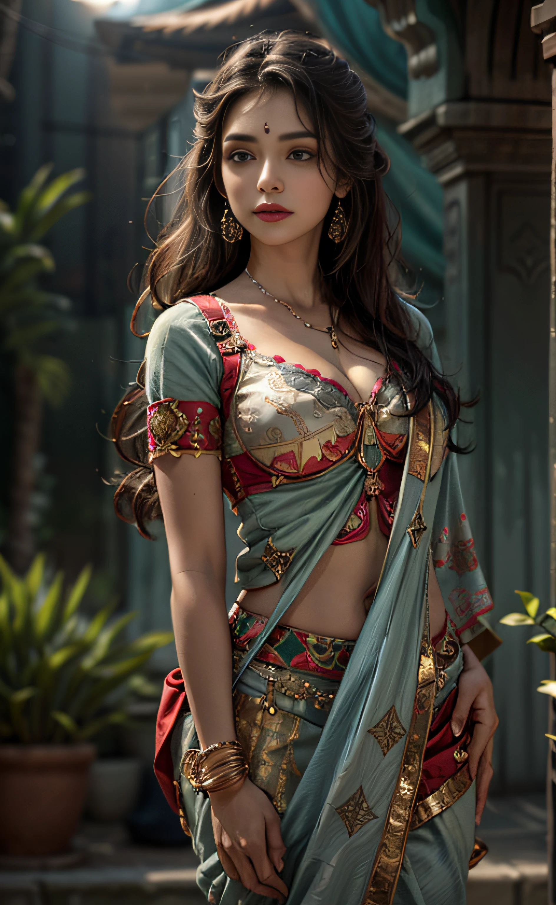 walking in a moonlit courtyard, exotic girl, indian, looking at the viewer, shining skin, perfect lighting, the embodiment of grace and elegance, (saree and bra), (Big Tits:1), cleavage, clear curvy details, beautiful curves, detailed eyes, detailed pupil, volumetric lighting, Ultra Detailed, unity 8k wallpaper, ultra detailed, aesthetic, masterpiece, best quality, photorealistic