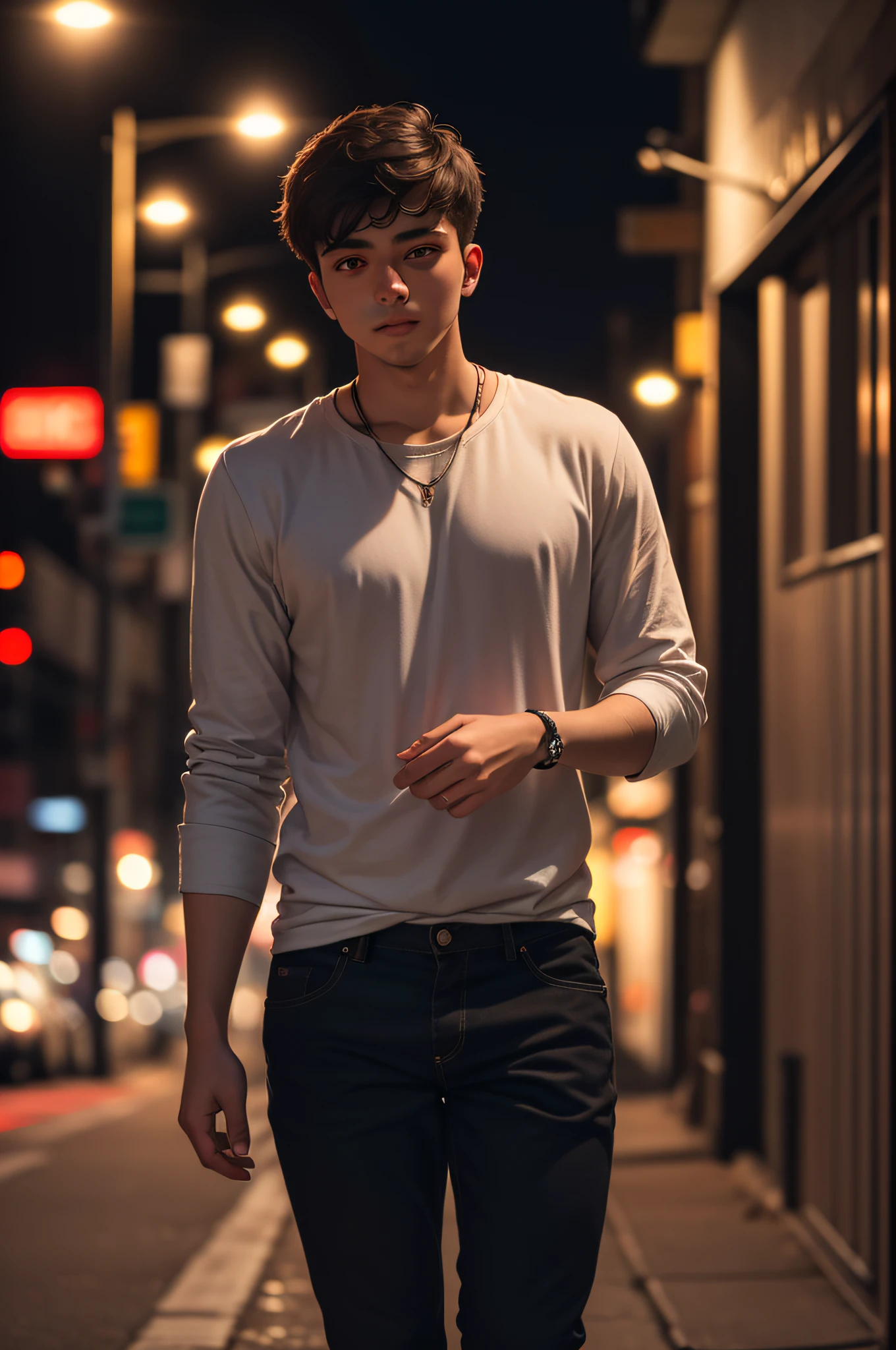 RAW photography, portrait of a 25 year old man in casual clothes, night, city street, (high resolution skin: 1.2), 8K UHD, DSLR, soft lighting, high quality, film grain, fujifilm XT3