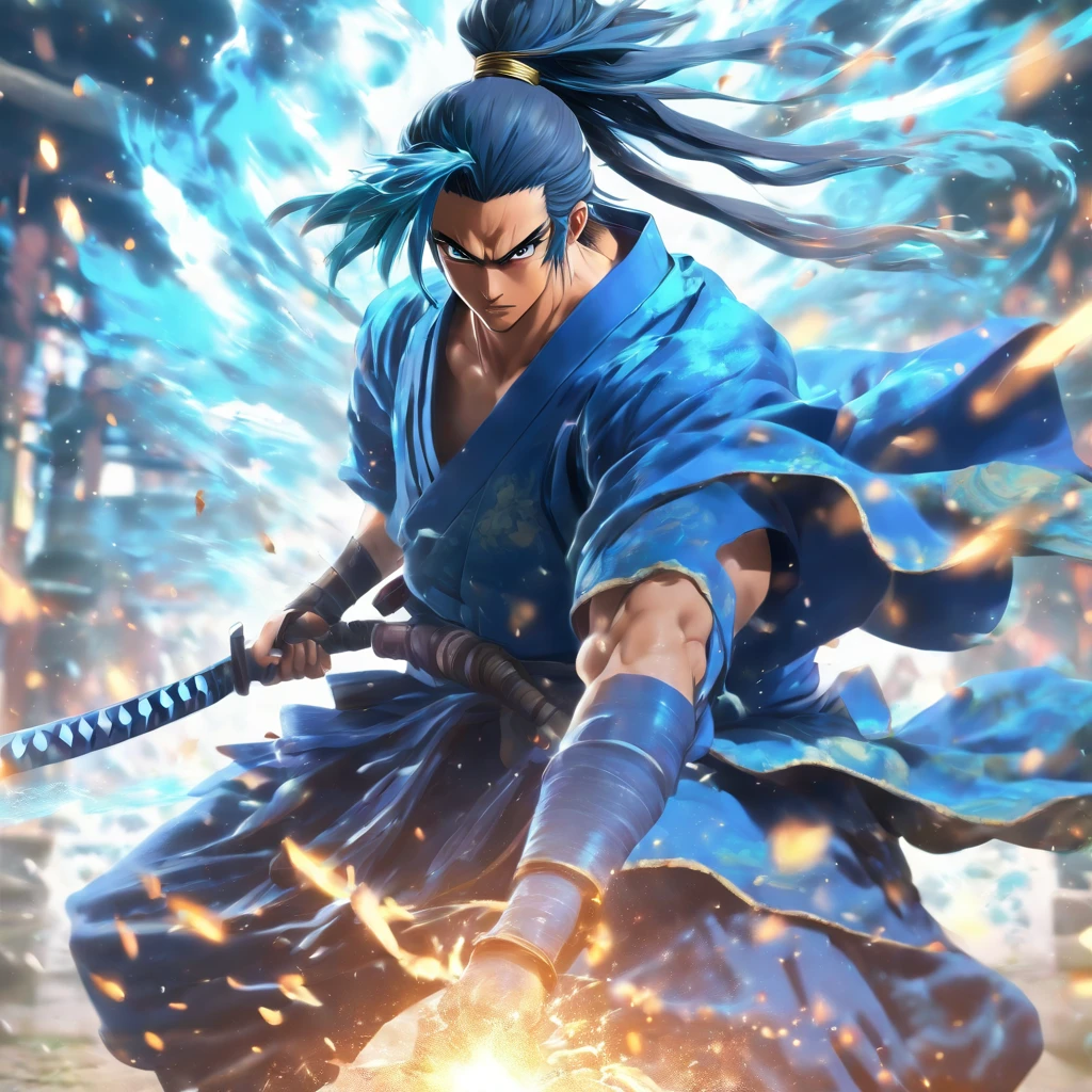 A swordsman, long ponytail blue hair, wearing blue yukata, wielding two samurai, dynamic pose, realistic, unreal engine, liquid splash effect, anamorphic lens flare effect