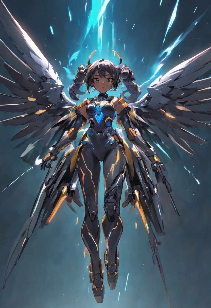 the night，A black female mech flying in the sky，The back has long black wings，The jet engine under the wing spewed blue flames，The armor in front of the chest slowly opened，Reveal the bomb inside