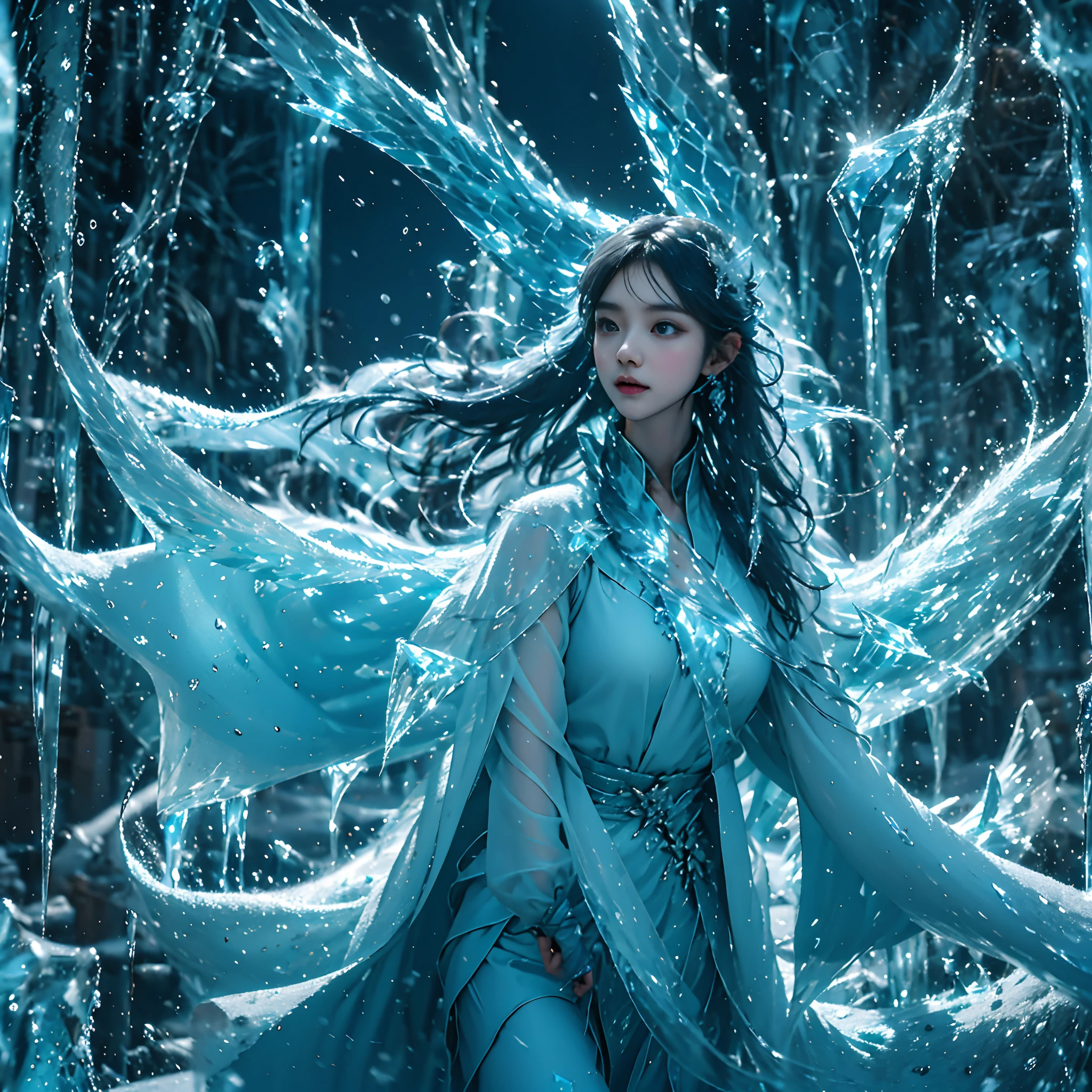 (((1girll)))，Imperial water，A magician，（Loose dress：1.5），（Perfect facial features：1.4），（Blue silk robe），（Mysterious magic formations：1.2），Blue glow，（Frost wings），(((Powerful ice magic)))，(((Icicles)))，Towering over the landscape，Blue light cold light，(((Ice storms)))，Wind，((Flying snow ice and snow))，Amazing results，,best qualityer,tmasterpiece,超高分辨率,finely detailled,Complicated details,8K分辨率,8KUCG wallpaper,hdr,water blue,Magic Array,Cinematic lighting effects,lightand shade contrast，Ray traching、NVIDIA RTX