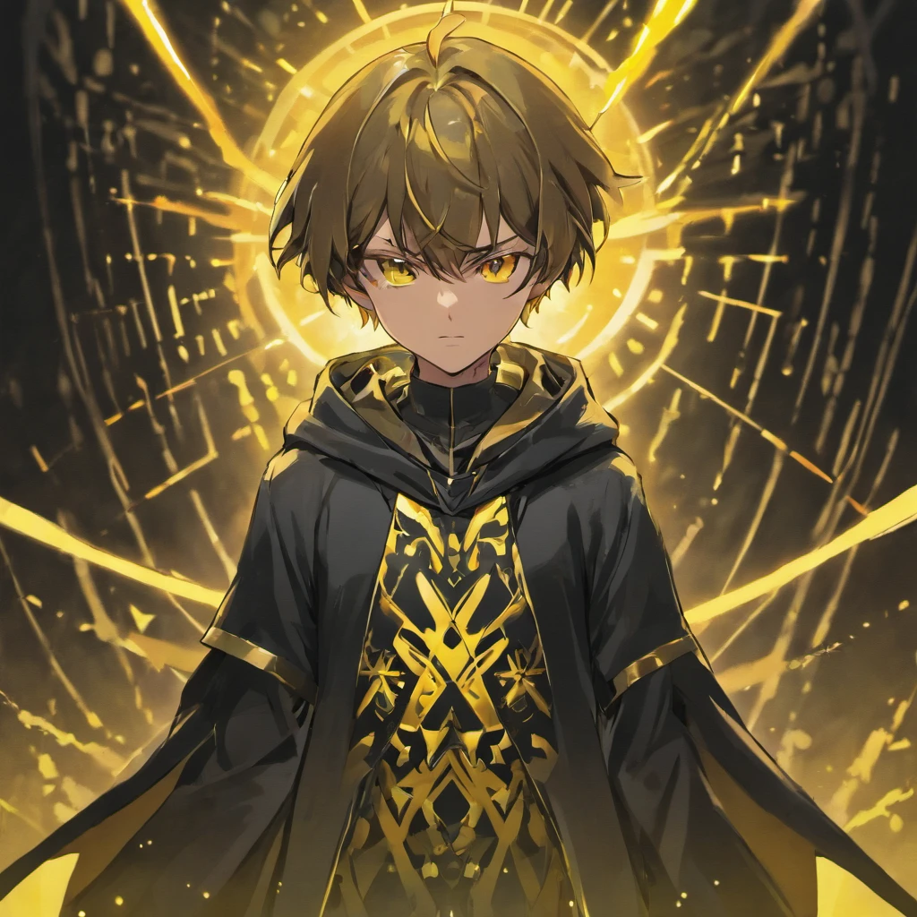 Concept art of a computer game character, blackandgold, in two projections, an sorcerer man in a black hooded suit, ominous look, glowing blue background, simple black lines, simplified
