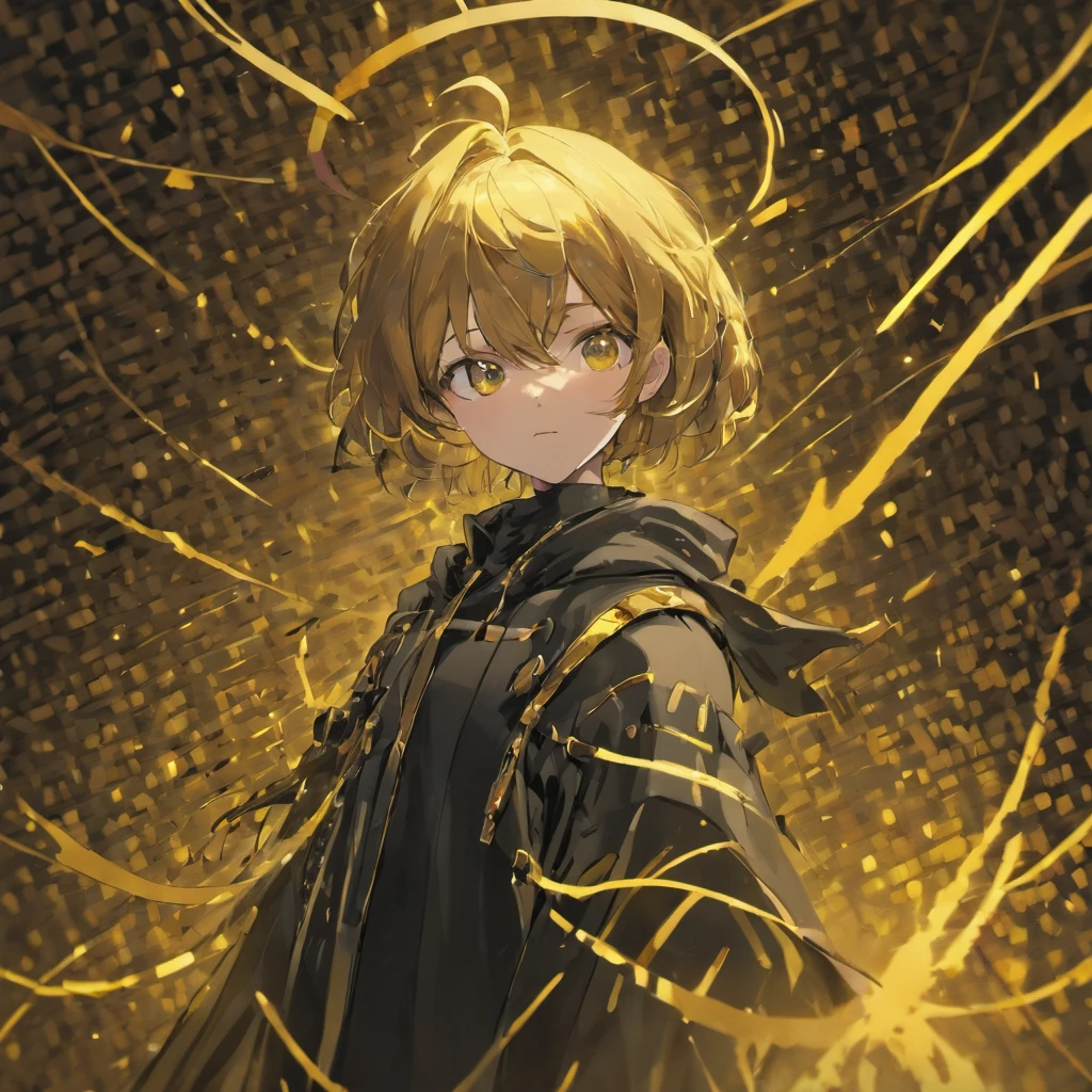 Concept art of a computer game character, blackandgold, in two projections, an sorcerer man in a black hooded suit, ominous look, glowing blue background, simple black lines, simplified