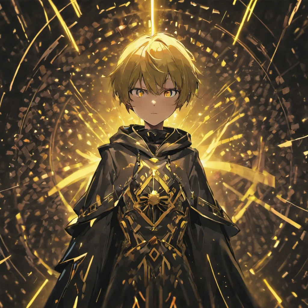 Concept art of a computer game character, blackandgold, in two projections, an sorcerer man in a black hooded suit, ominous look, glowing blue background, simple black lines, simplified