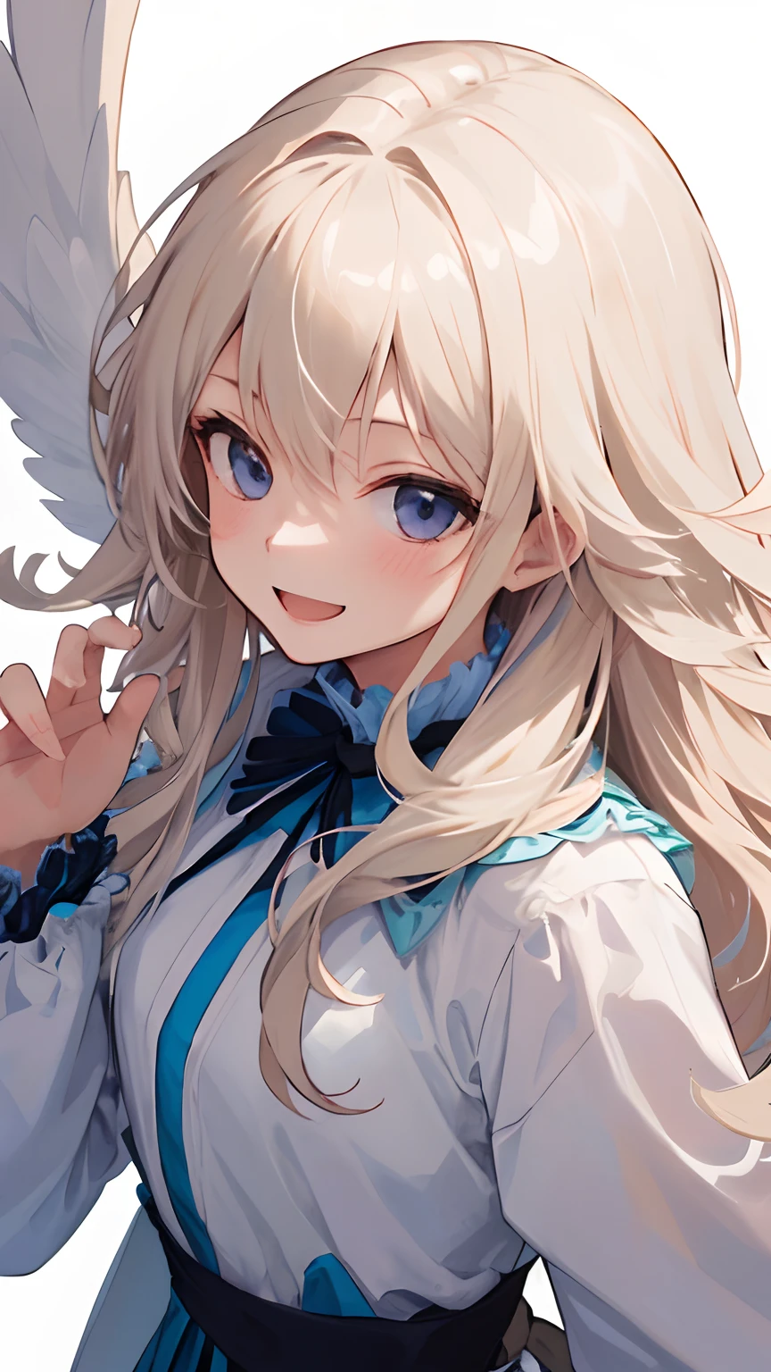 (master piece,best quality, hyper detail), face Focus, 1girl, top view,
platinum blonde long hair, (wavy hair:0.9),
happy cheerful smile,
feathers flutter on the back, angelic, aja,
