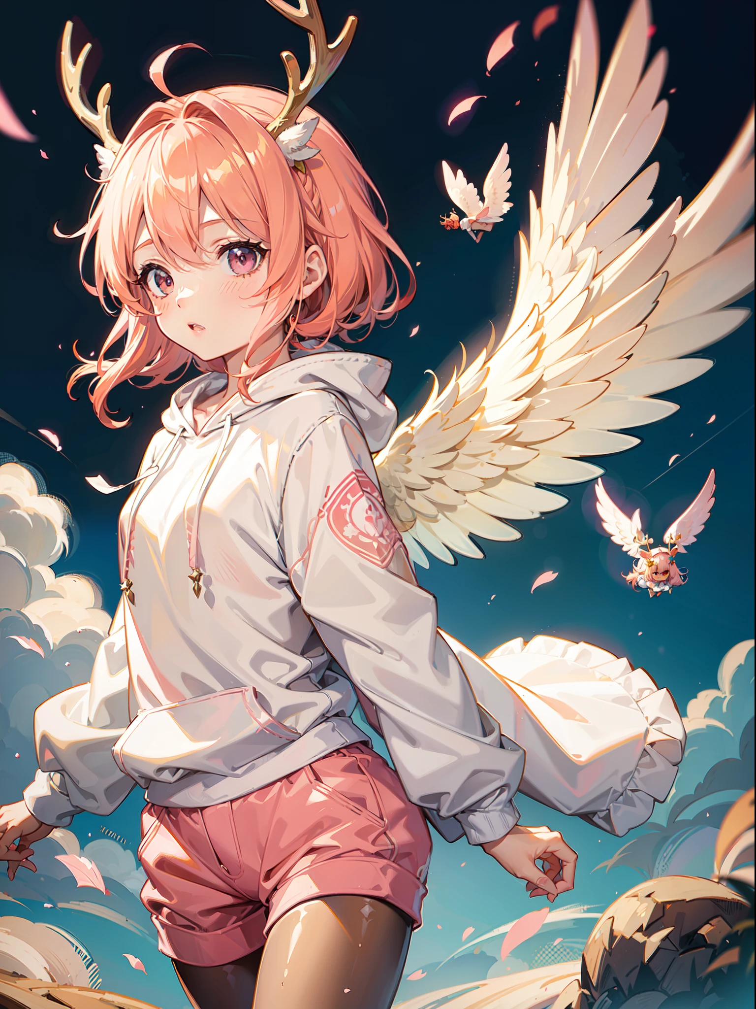 one girls, Peachy Hair, Deer antlers, Angel wings, Hoodie with pink hood, long trousers, Soaring effect, delicate illustration, kawaii, Ultra-delicate, masterpiece