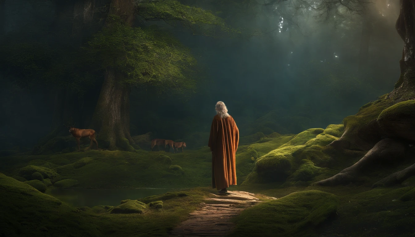 A mysterious journey through an ancient forest, The young character meets a wise old man，And learn valuable life lessons. lighting, Transformative and magical, big breasts enchanting, Ethereal. life after death. mistic, Energetic，Moving. Create an atmosphere of mystery and spiritual depth. Deep, thought provoking，philosophy, Valuable life lessons