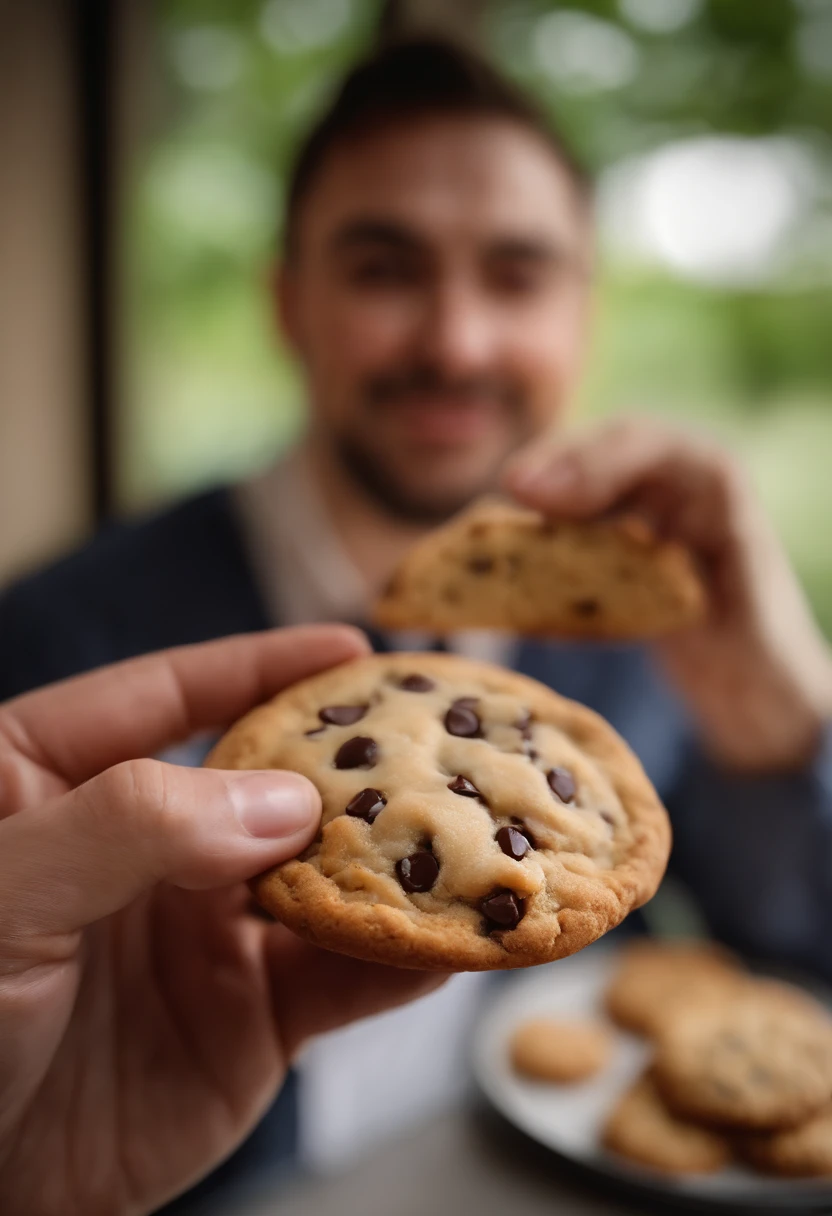 Close-up of a man holding a chocolate chip cookie, ❤🔥🍄🌪, delicacy, 🐿🍸🍋, luscious with sesame seeds, 🥥 🍕 blend, 🌻🎹🎼, caramel, 🎀 🗡 🍓 🧚, 👅 👅, 😃😀😄☺🙃😉😗, super realistic food picture, recipe, noot noot