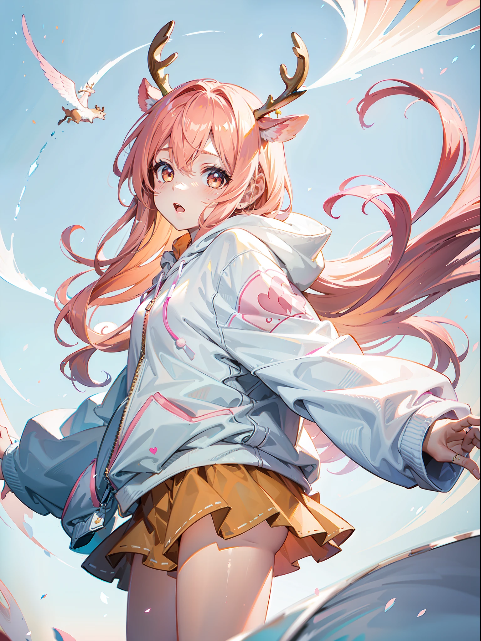 one girls, Peachy Hair, Deer antlers, Angel wings, Hoodie with pink hood, long trousers, Soaring effect, delicate illustration, kawaii, Ultra-delicate, ​masterpiece