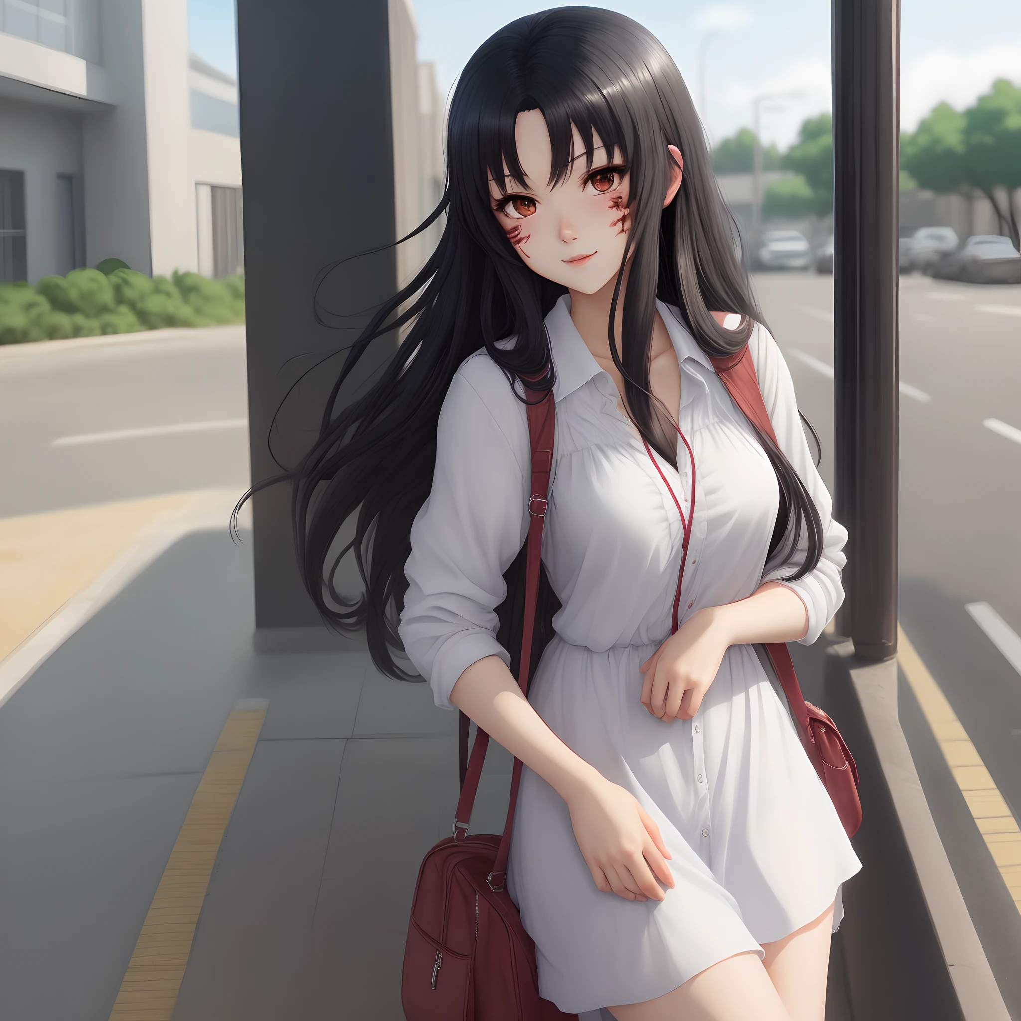 Long Hair and Black Hair, Cute woman anime, Anime, High School with beautiful background, Have scar in face, Beautiful woman