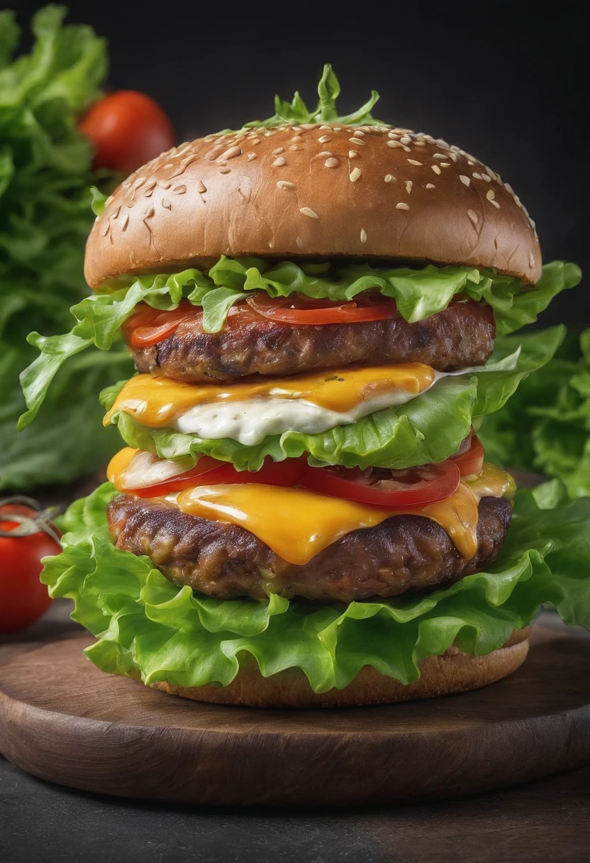 Beautiful and appetizing Burger, The cheese flows down, green lettuce leaf, red tomatoes, Fire in the background, Beef burger