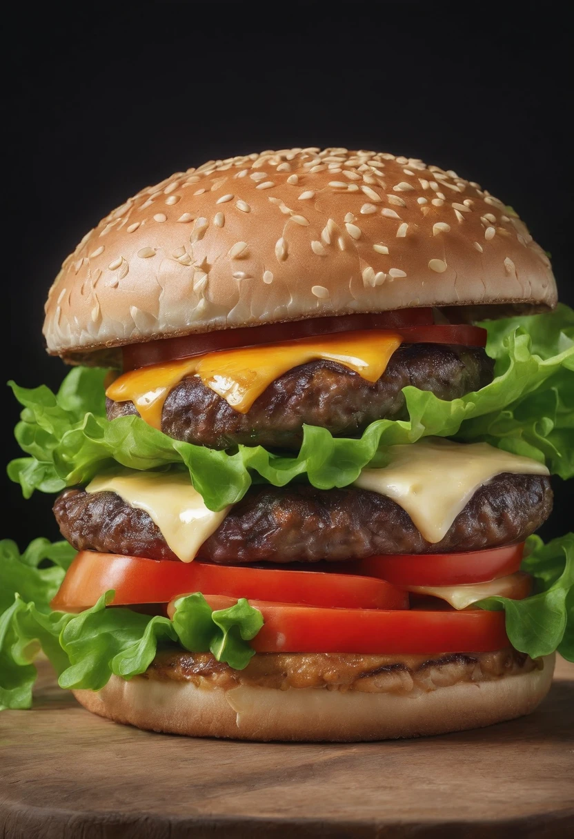 Beautiful and appetizing Burger, The cheese flows down, green lettuce leaf, red tomatoes, Fire in the background, Beef burger