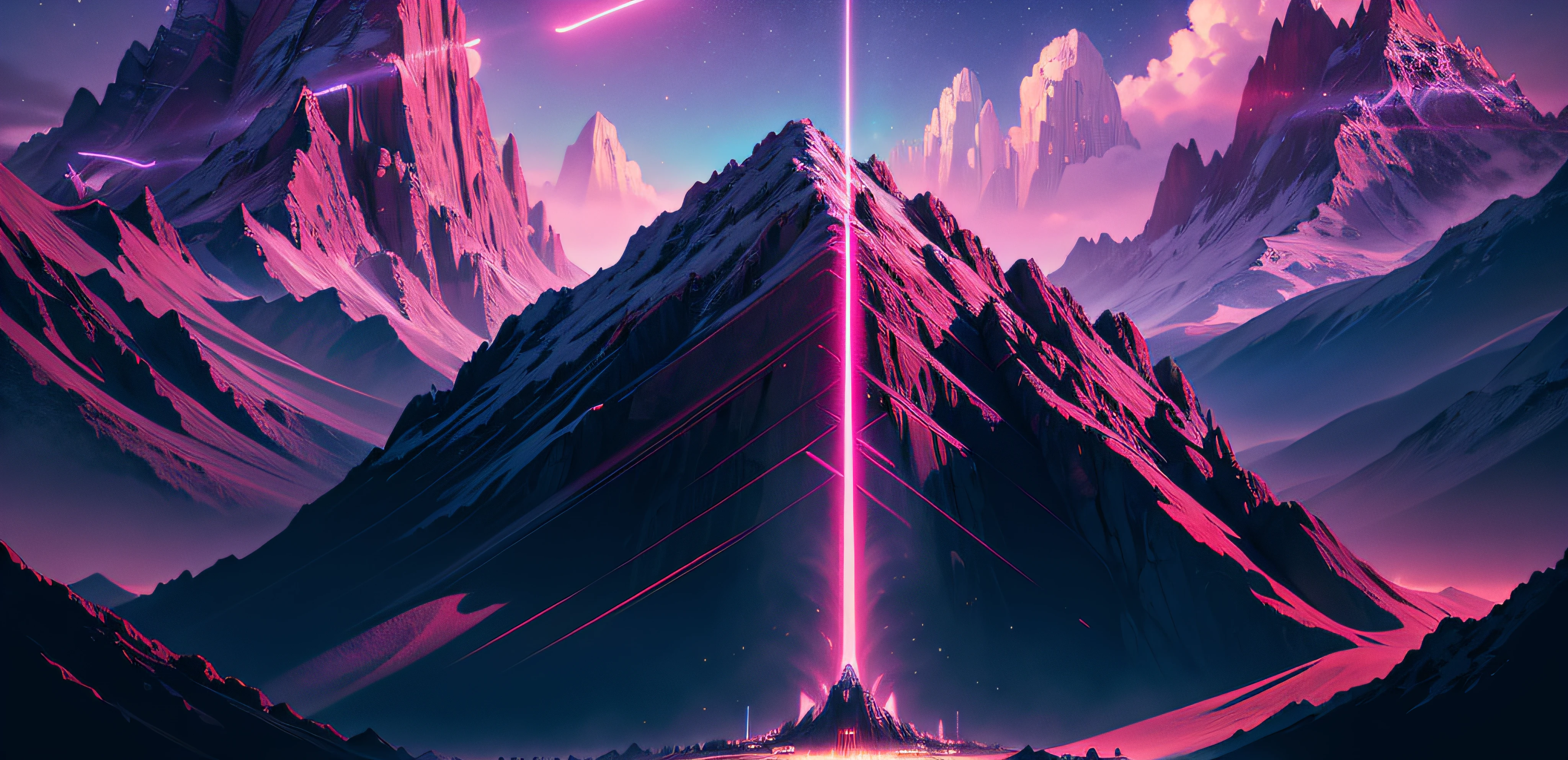there is a poster of a sci - fi scene with a giant mountain, masterpiece epic retrowave art, epic retrowave art, synthwave art, synthwave art style, retrowave epic art, [ 4 k synthwave art style ]!!, by Christopher Balaskas, inspired by Christopher Balaskas, synthwave art style ]!!