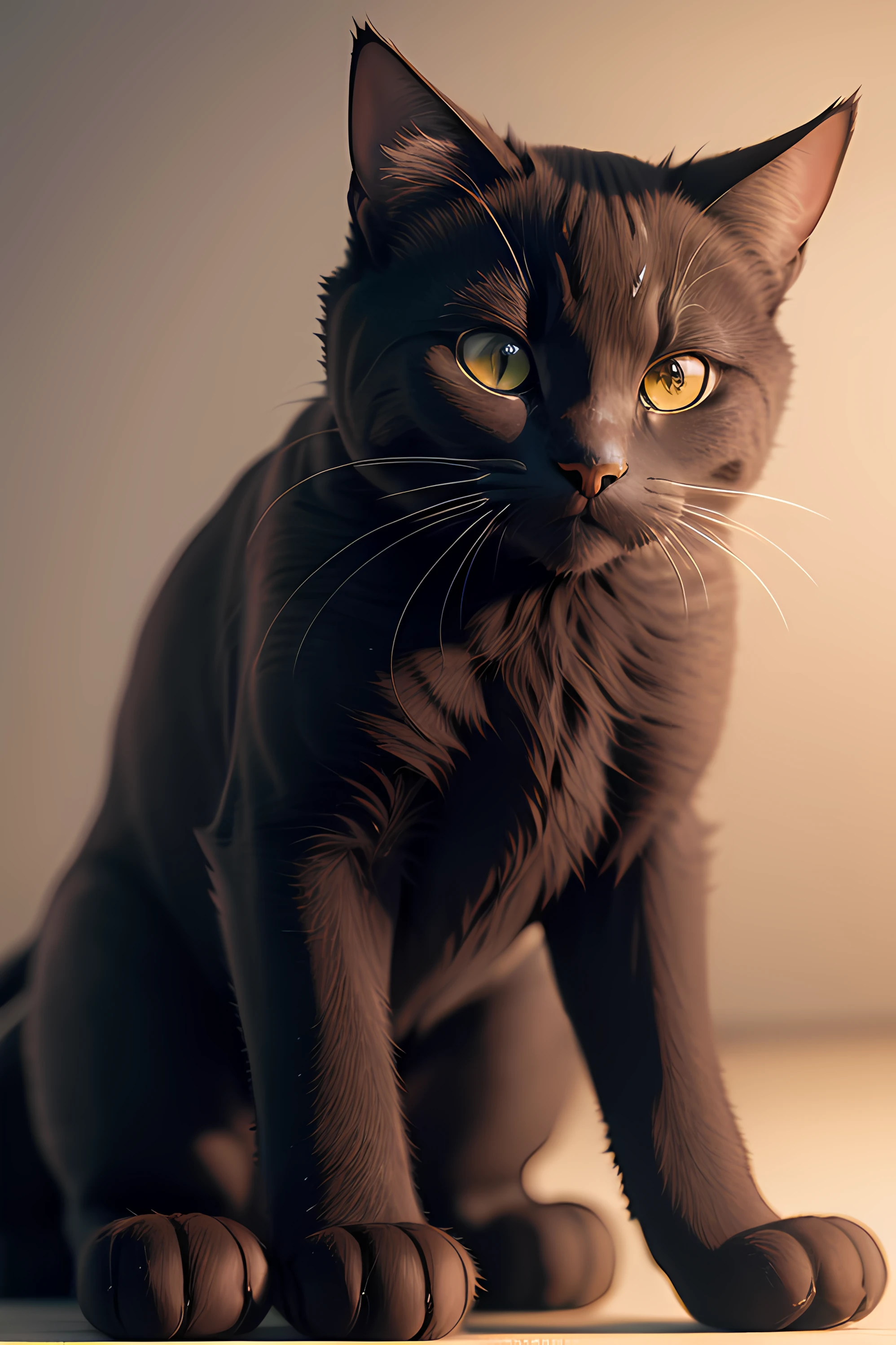 Gere um gato em anime ultra realista com pelo preto branco e marrom
