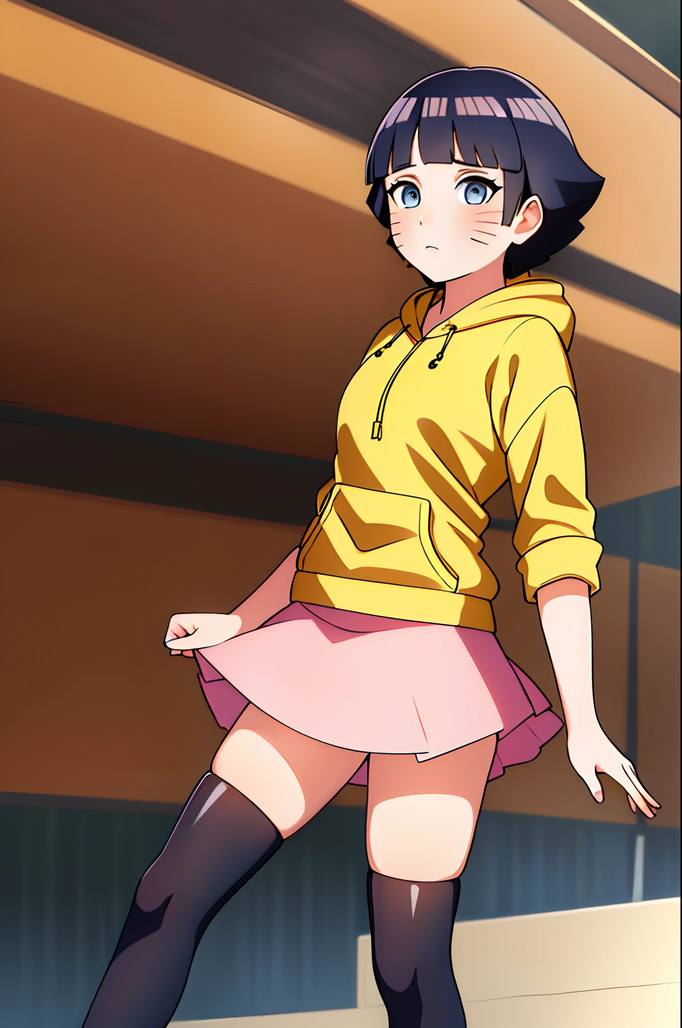 kyoko1, short hair, brown hair, (Pink shirt with Yellow dress:1.2), brown eyes, Masterpece, Full body, (masterpiece, best quality:1.2), Pink Shose, Smling, Daytime, Looking at the Viewers,