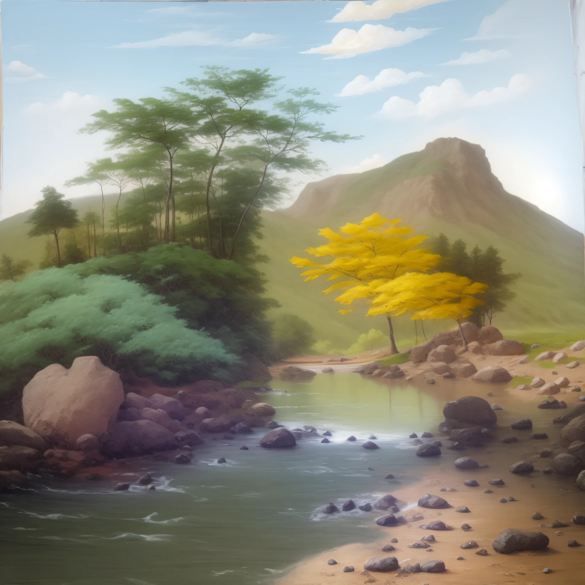 painting of a river with a yellow tree and mountains in the background, inspirado em Thomas Moran, in the style of an oilpainting, paisagem pintada, smooth oil painting, No estilo de Albert Bierstadt, oil on canvas 8k, oil on canvas 8k, pintura de paisagem, inspirado em Fernand Verhaegen, Pintura de paisagem virtual 3D, beautiful oil matte painting