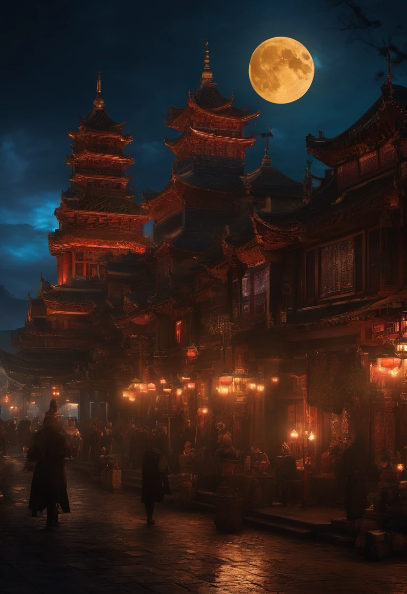 Massive cyberpunk medieval ancient architecture, Towering spires and holographic billboards Chinese illuminate the night sky.Resident Evil,A lot of zombies,themoon,high-class,extremely colorful