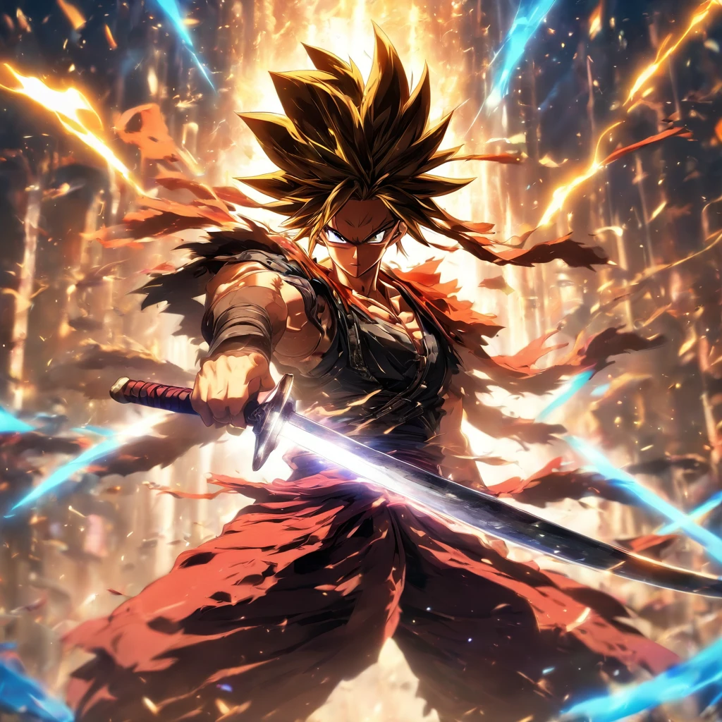 Denjiro, holding two swords, unreal engine, lens flare effect, splash art
