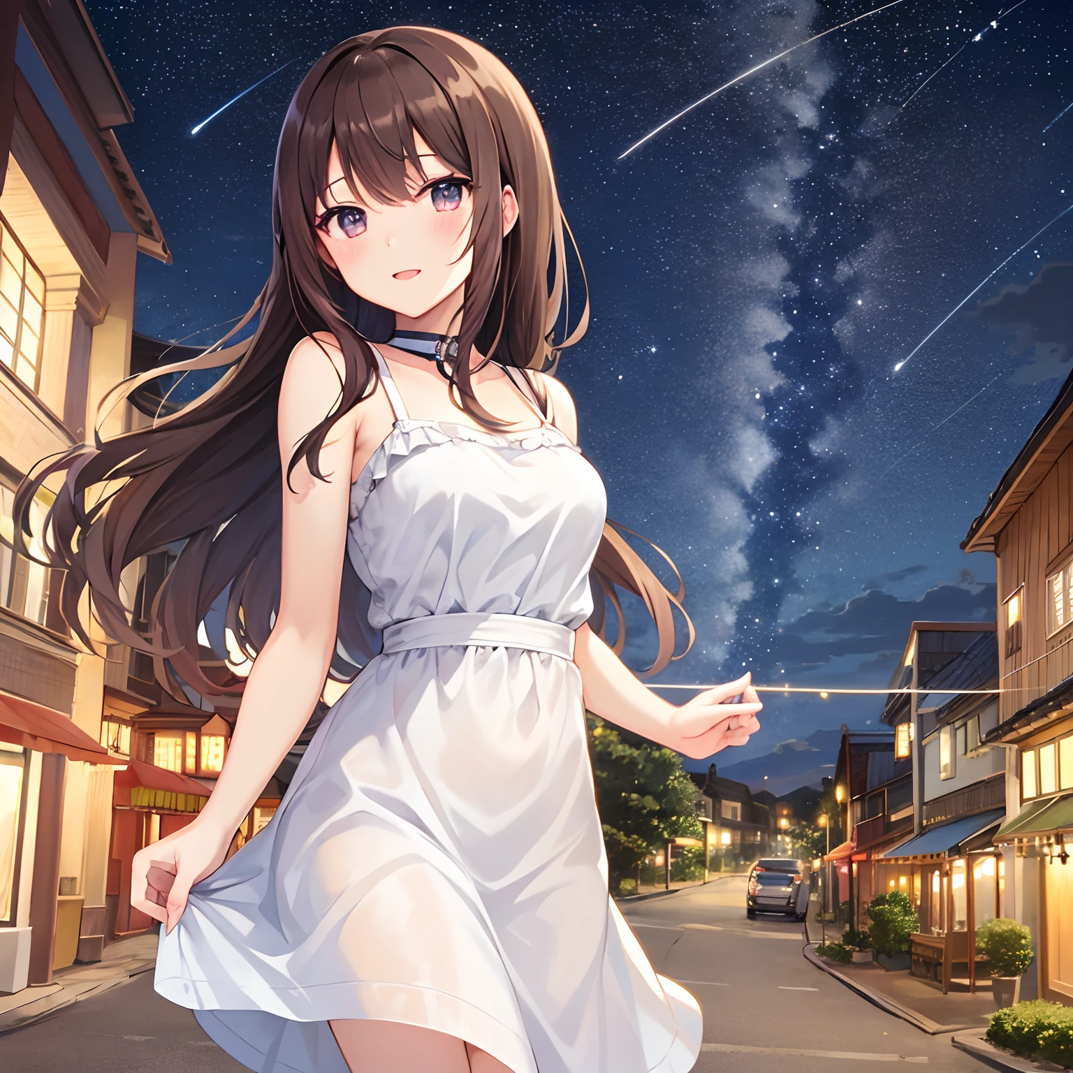 ((Anime girl with brown hair)), constellation、Beautiful night view