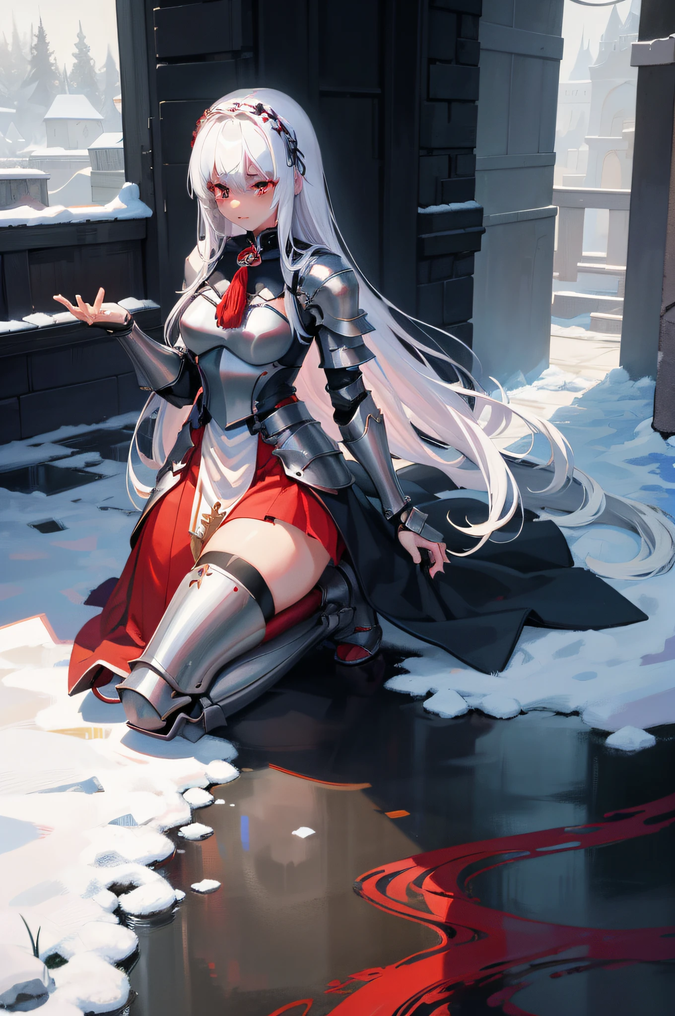 A teenage girl,White hair and red eyes,long whitr hair,Original Character、fantasy concept art、Best shadow、shallowdepthoffield、Portrait of a noble knight、Dignified、Sad expression,streaming tears,Sophisticated tactical heavy armor、Tassel waistband、Hand Guard、Pauline、High quality armor texture,Stand up,Kneel on one knee,overcast day,Snow,(HighestQuali,astonishing detail:1.25),(独奏:1.3),Brilliant and colorful paintings