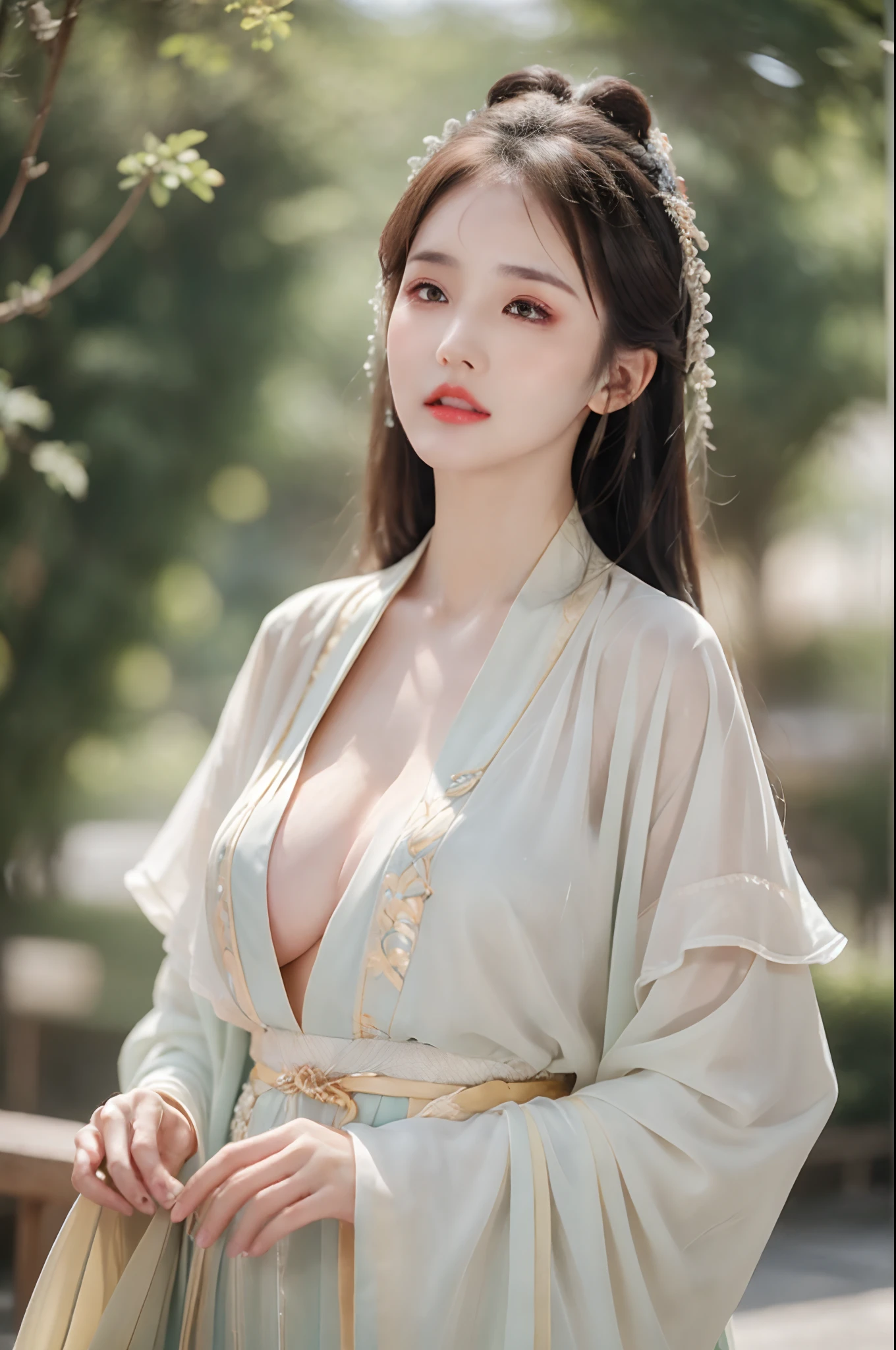 ((Best Quality, 8k, Masterpiece: 1.3)), Focus: 1.2, Perfect Body Beauty: 1.4, Buttocks: 1.2, ((Layered Haircut)), (Wet Clothes: 1.1), (Rain, Street:1.3), (Breasts: 1.2), (Hanfu: 1.2), Bare Shoulders, Bare Legs, Highly Detailed Face and Skin Texture, Fine Eyes, Double Eyelids, Whitened Skin, Long Hair, (Shut Up: 1.5), (Bokeh Background: 1.5), Big Breasts