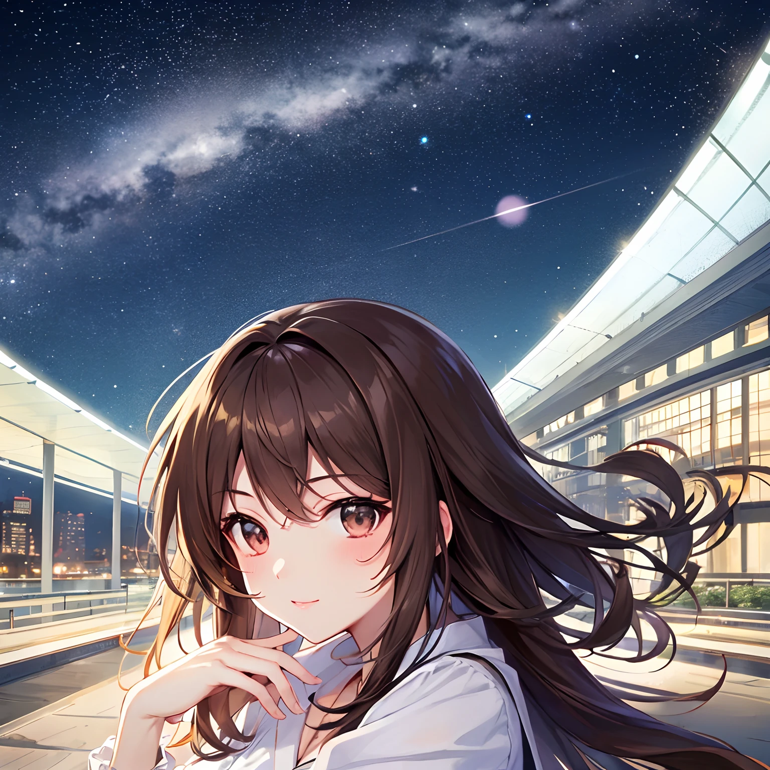 ((Anime girl with brown hair)), constellation、Beautiful night view