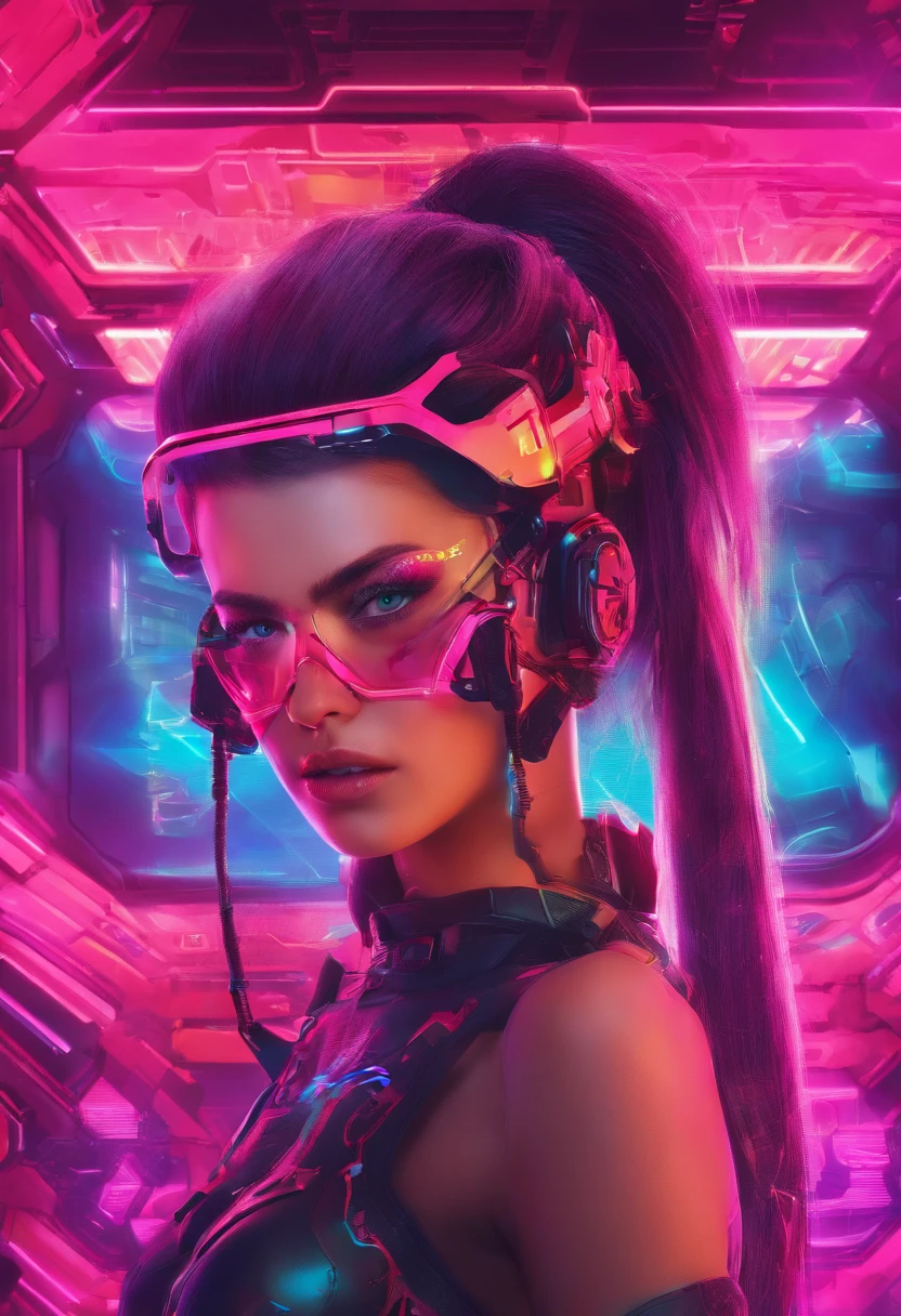 Beautiful cyberpunk girl, which carries a futuristic head-mounted display, (fein detaillierte Haut), blasse Haut, (in tiefem Ausschnitt detailreich sexy futuristisches Cyberpunk schwarzes Crop Top und Unterhose aus Leiterplatten, Kybernetik, Japanese words with flare effect, Beautiful epic composition, futuristisch, Meisterwerk, sinnlich, Ansprechend, posing for a photo