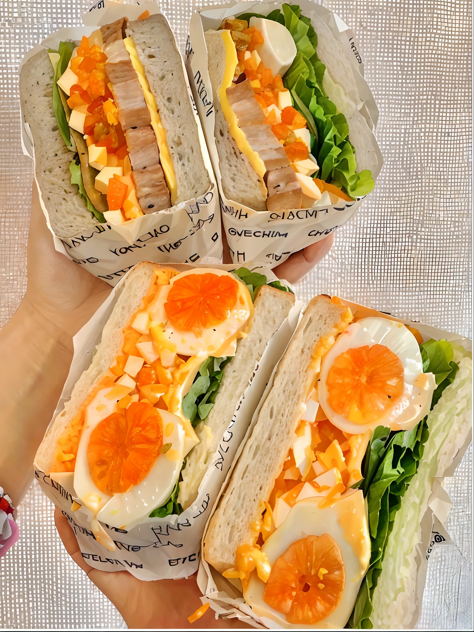 there are four sandwiches in a box with eggs and lettuce, one sandwich with fried tofu, ❤🔥🍄🌪, sandwich with fried tofu, 🤬 🤮 💕 🎀, bao phan, 🪔 🎨;🌞🌄, yummy, 😭 🤮 💕 🎀, sandwich, inspired by Max Buri, inspired by Reuben Tam, 🥥 🍕 hybrid