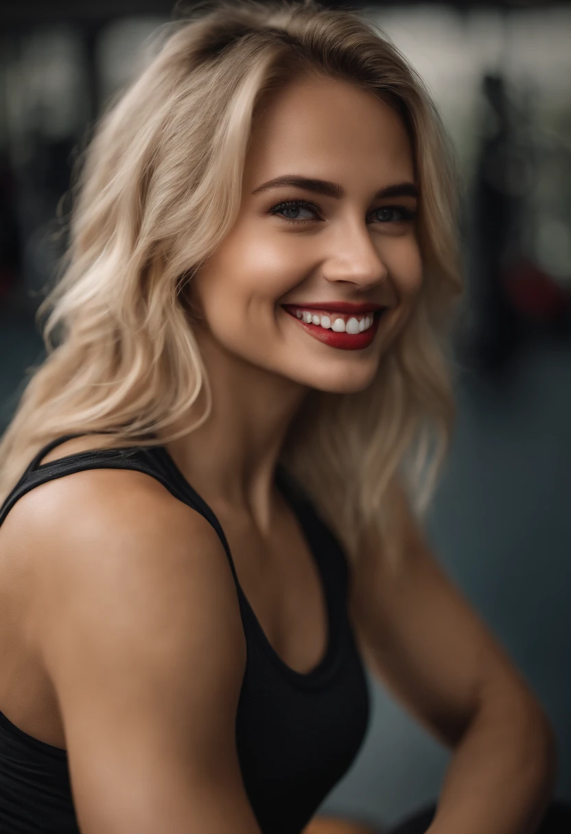 blonde girl, tank top, red top, 4k, high quality, smiling, gym, face, brown eyes