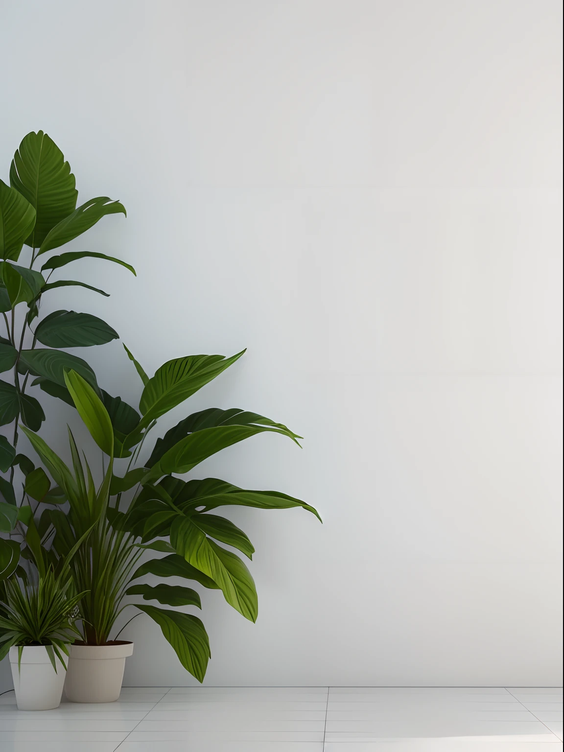 （Clean walls，(((Blank walls)))，Close-up of the wall，）Large areas of white space，A pot of greenery.Soft light