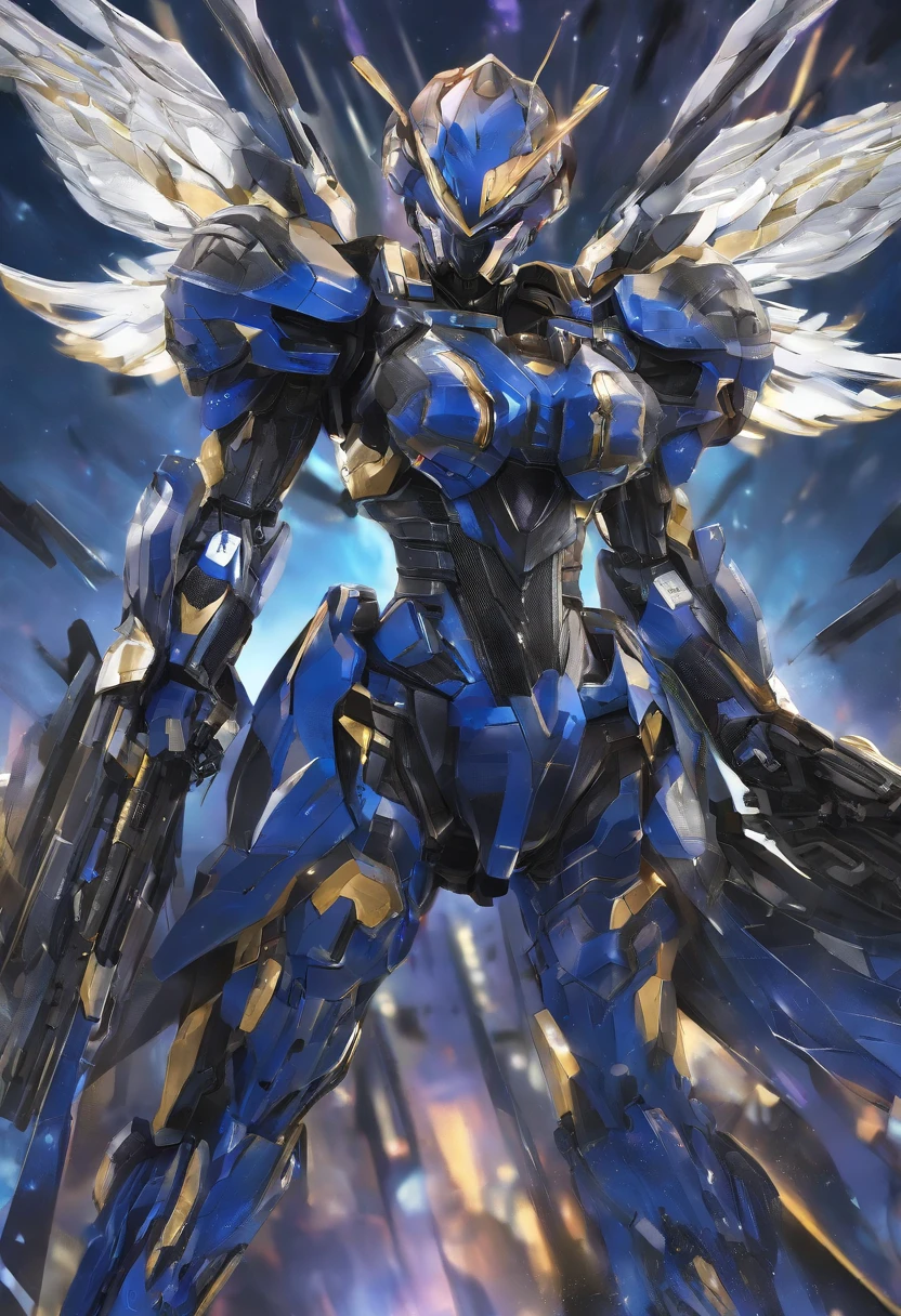 the night，Black female mech flying in the sky，It is covered in black armor，metalictexture，Sci-fi，It has long black wings on the back，The jet engine under the wing spewed blue flames，The armor on the chest slowly opened，closeup cleavage，There are densely packed bombs inside