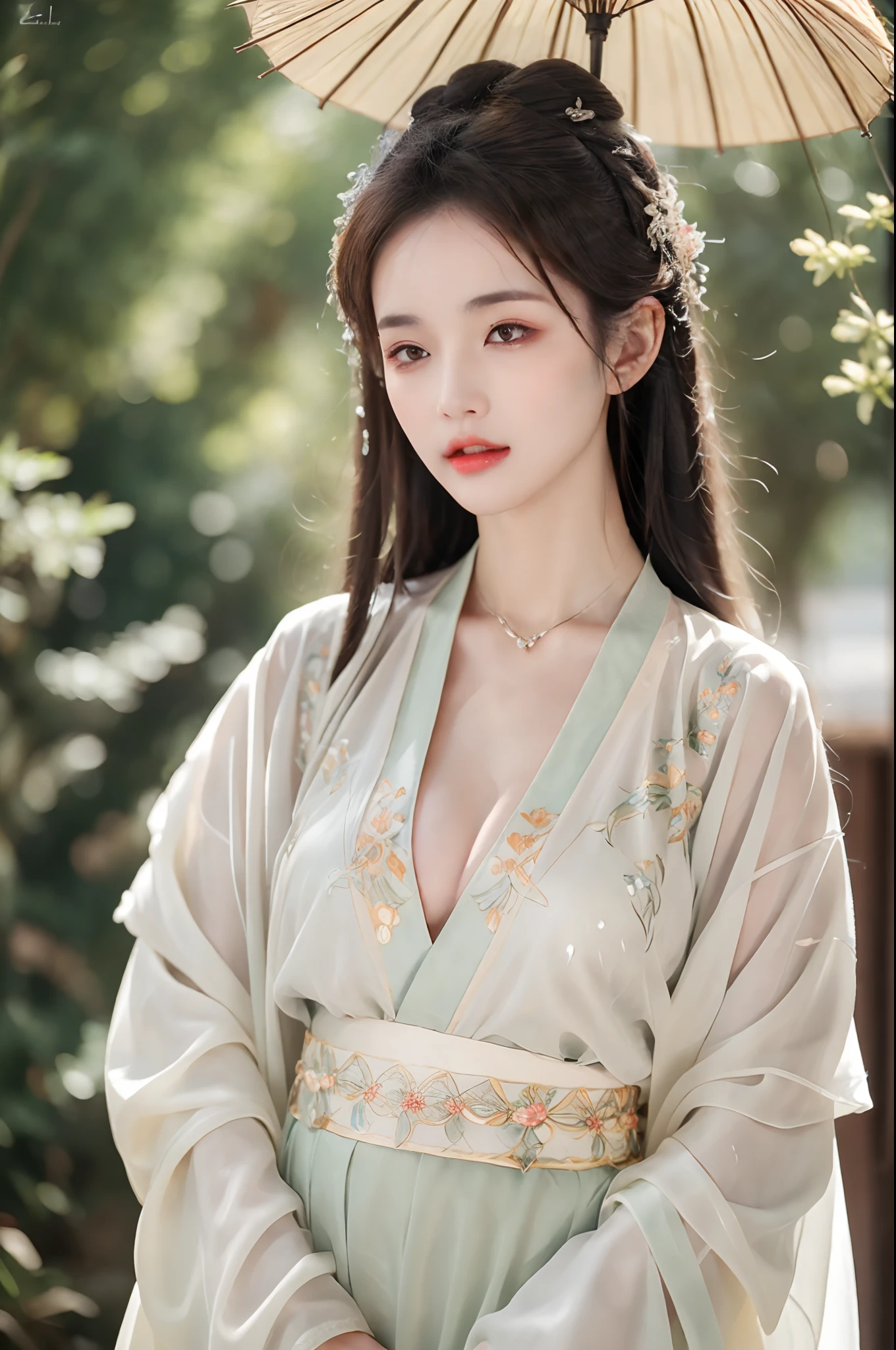 ((Best Quality, 8k, Masterpiece: 1.3)), Focus: 1.2, Perfect Body Beauty: 1.4, Buttocks: 1.2, ((Layered Haircut)), (Wet Clothes: 1.1), (Rain, Street:1.3), (Breasts: 1.2), (Hanfu: 1.2), Bare Shoulders, Bare Legs, Highly Detailed Face and Skin Texture, Fine Eyes, Double Eyelids, Whitened Skin, Long Hair, (Shut Up: 1.5), (Bokeh Background: 1.5), Big Breasts