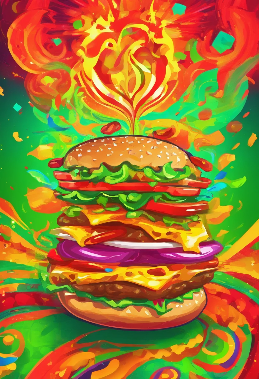 Beautiful and appetizing Burger, The cheese flows down, green lettuce leaf, red tomatoes, Fire in the background, Beef burger