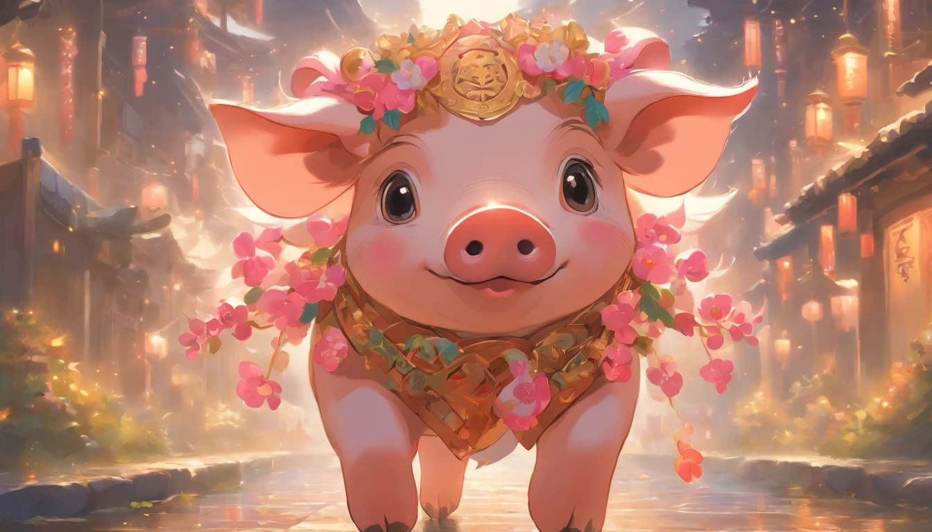 Zodiac pig Pink tender piglet, ,Big eyes, Wear festive attire, Standing on the side of the street, Ancient style, Artistic touch，Snes painting