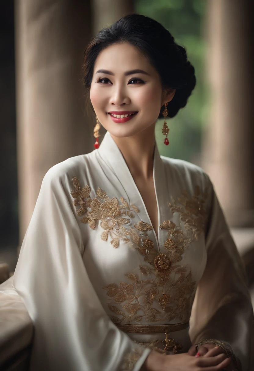 Beautiful middle age Asian lady, traditional Vietnamese white dress, Chinese palace, portrait, masterpiece, best quality, photorealistic, raw photo, big breasts light smile, detailed skin, pore, low key
