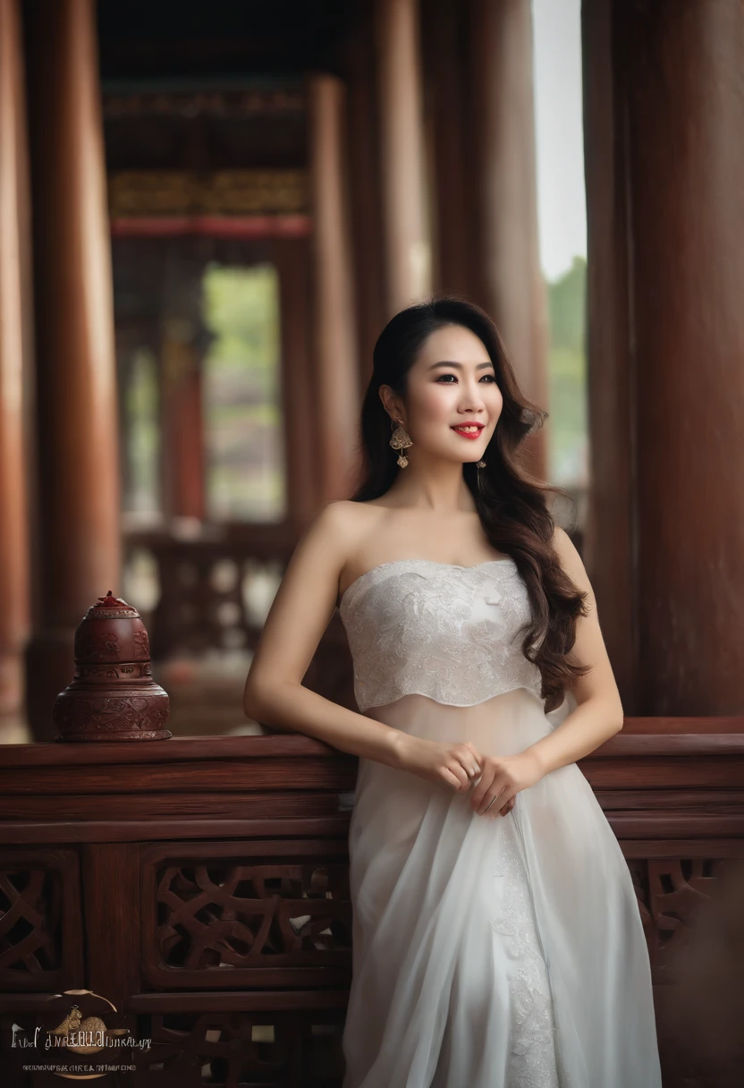 Beautiful middle age Asian lady, traditional Vietnamese white dress, Chinese palace, portrait, masterpiece, best quality, photorealistic, raw photo, big breasts  light smile, detailed skin, pore, low key