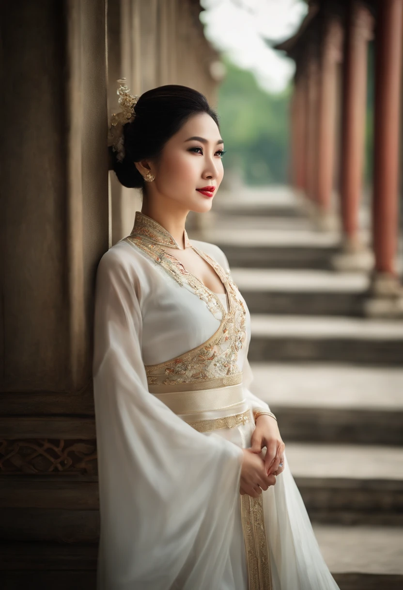 Beautiful middle age Asian lady, traditional Vietnamese white dress, Chinese palace, portrait, masterpiece, best quality, photorealistic, raw photo, big breasts  light smile, detailed skin, pore, low key