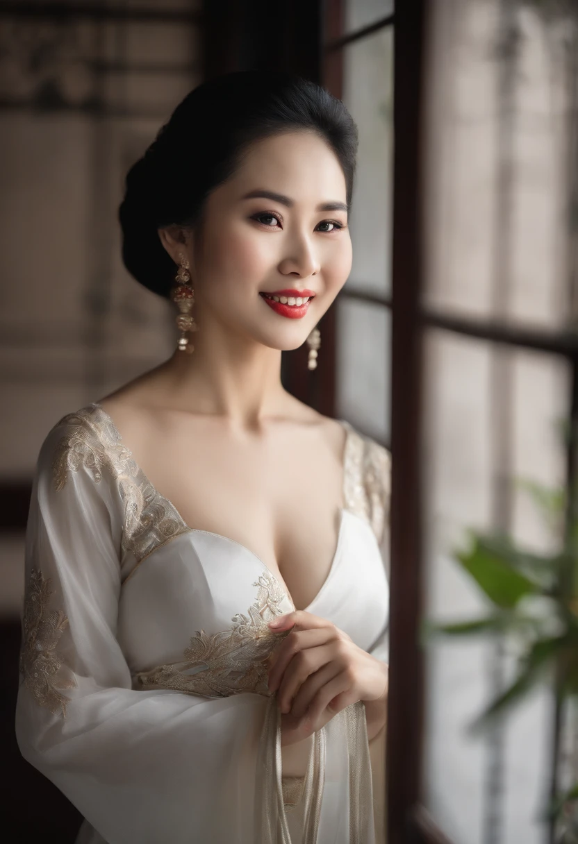 Beautiful middle age Asian lady, traditional Vietnamese white dress, Chinese palace, portrait, masterpiece, best quality, photorealistic, raw photo, big breasts light smile, detailed skin, pore, low key