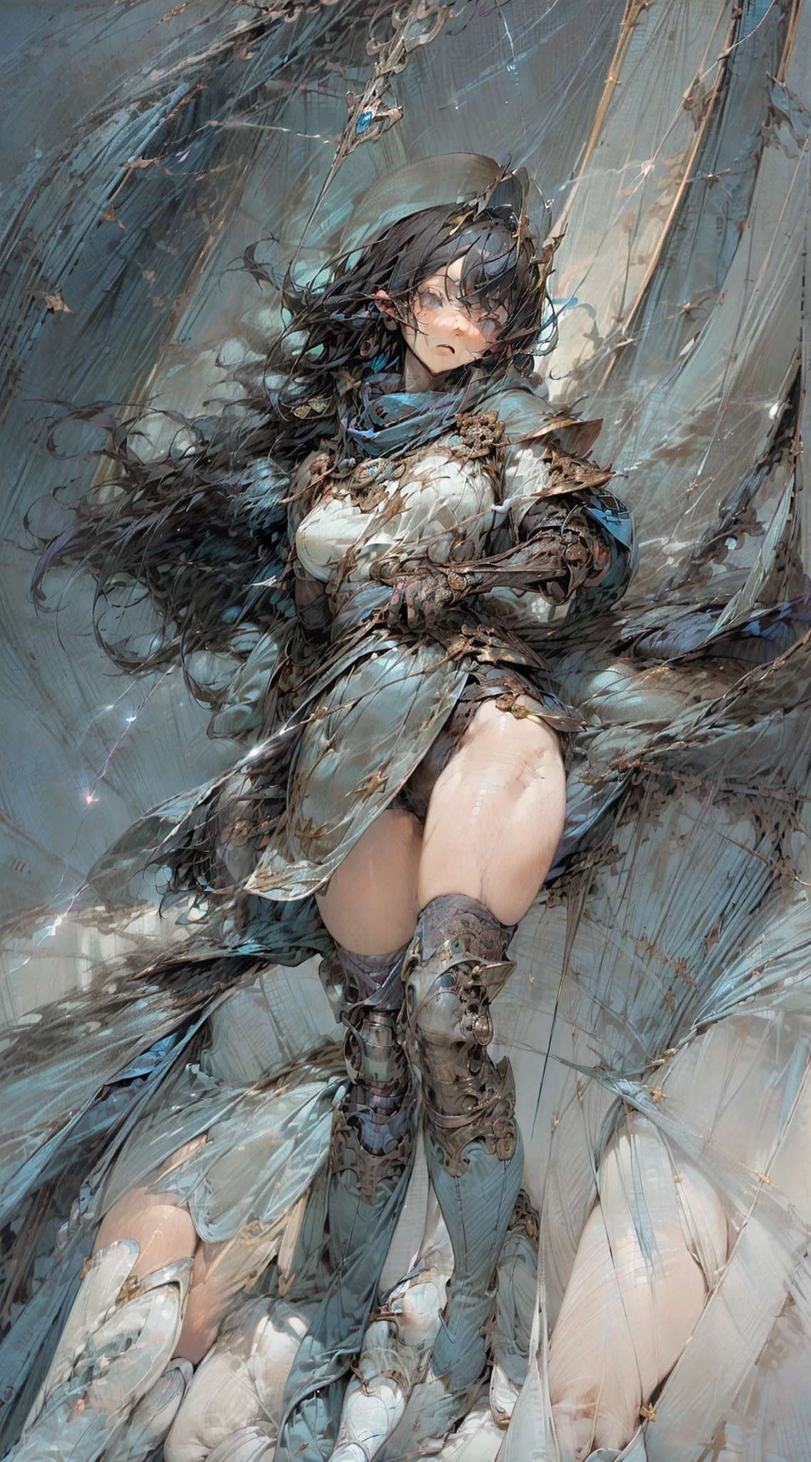 (masutepiece, of the highest quality, Highest Quality, Detailed and Intricicated, Official art, Beautiful and aesthetic:1.3), (1 girl:1.3), Long Black Hair, Beautiful Japan face, Big eyes, ((The pupil of the right eye has a blue dragon emblem)), The left eye is black, ((blue cape)), ((blue scarf)), ((On his left hand ((In his left hand is a dagger with the power of lightning.)) , ((Wind gauntlet on right arm)), White shirt, thighs thighs thighs thighs, ((Boots for flying with feet)), Black hair, Hair on the shoulders, Mismatched pupils, mismatched sclera, Iconic pupils, surrealism, Character Chart, Reference Sheet, Tachi-e, Ticker, masutepiece, ((blue cloak)), ((blue scarf)) Anatomically correct, Textured skin, high detailing, awardwinning, Best Quality, High resolution, hard disk, High quality